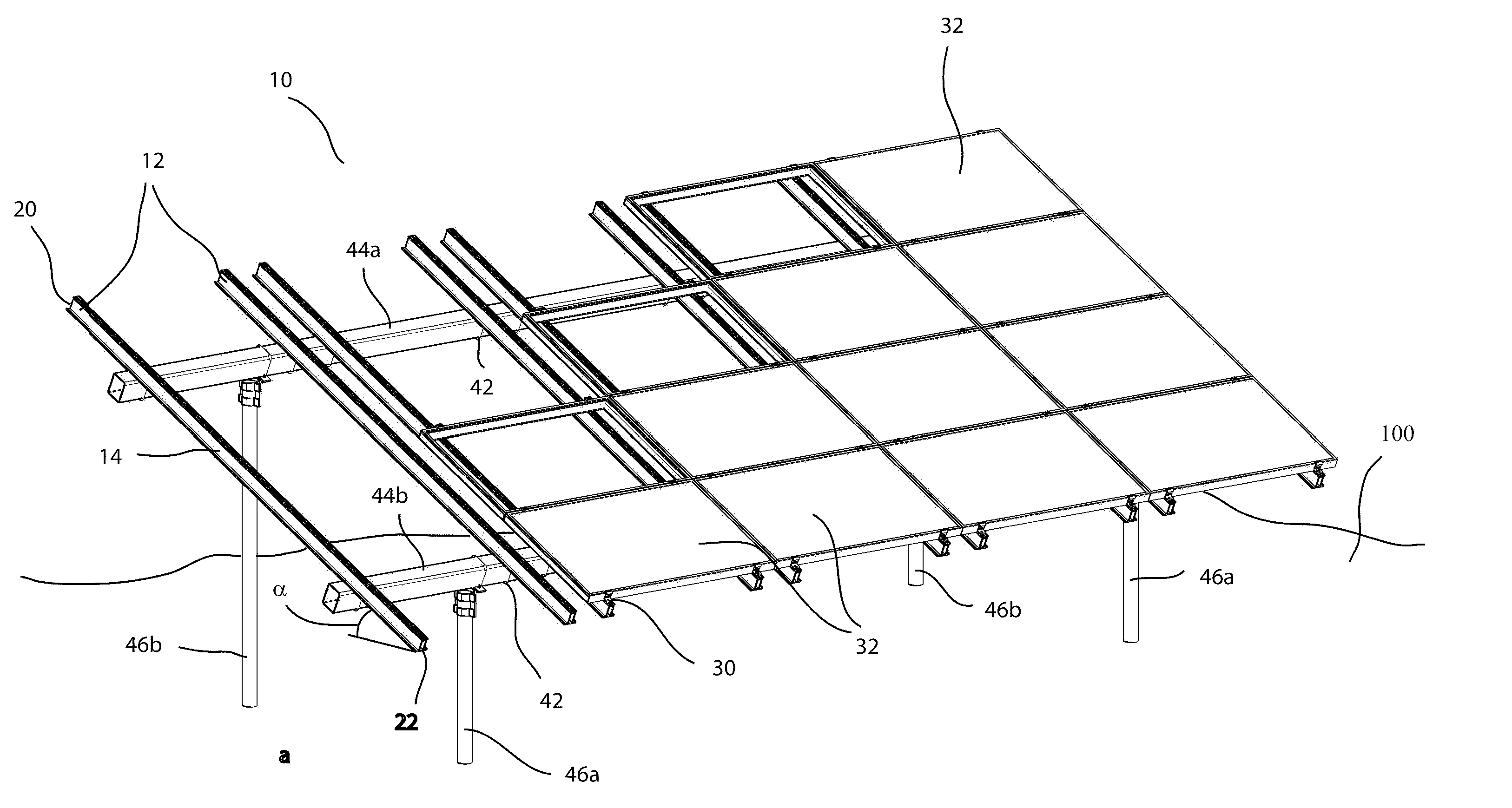 Solar array support structure, mounting rail and method of installation thereof