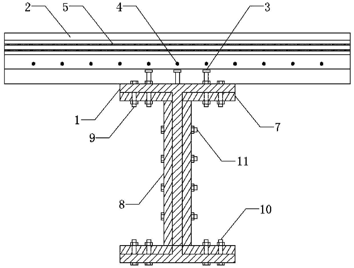 Connecting structure of prefabricated reinforced concrete composite beam and construction method thereof