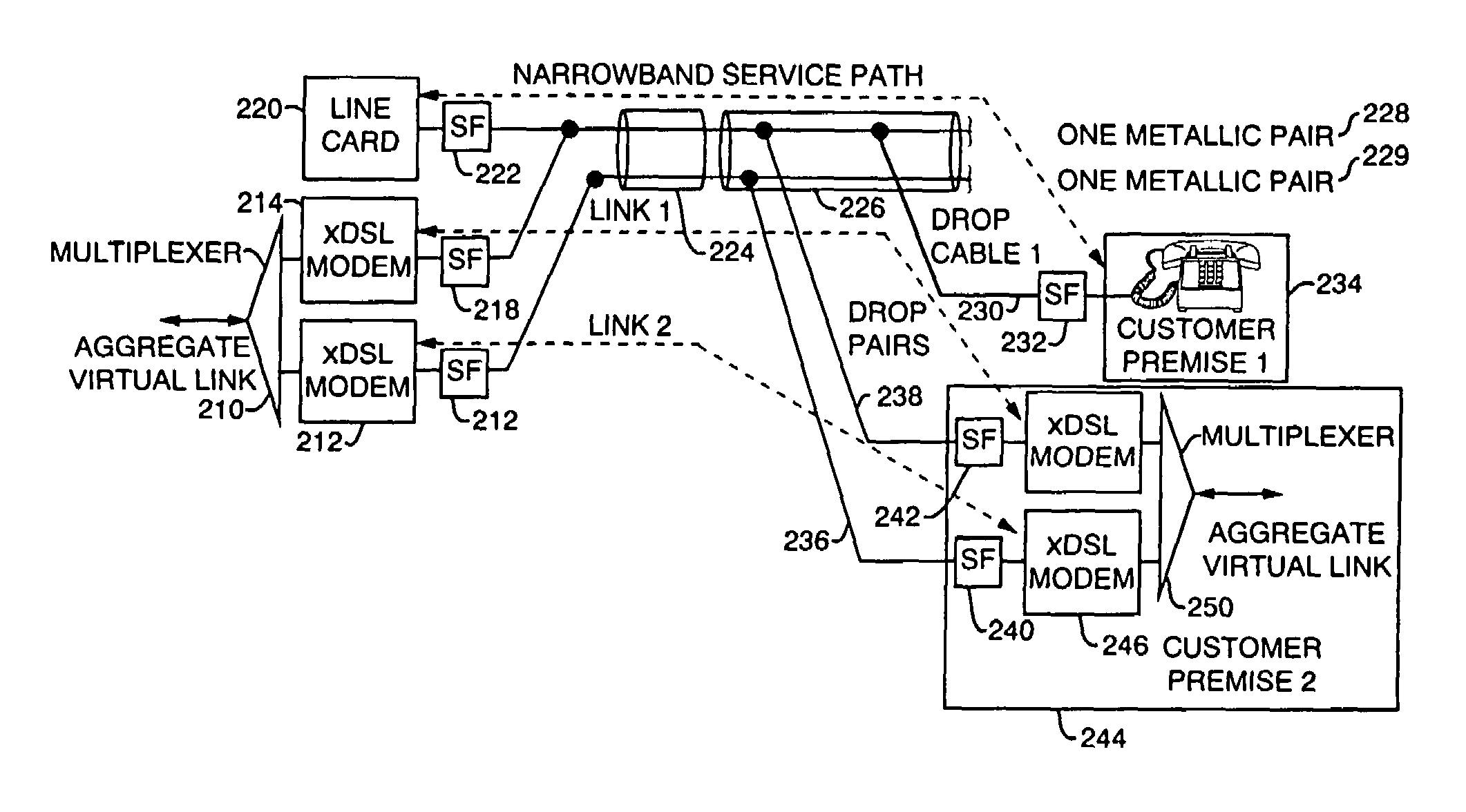 Method and apparatus for service multiplexing over telephone networks which employ bridged tap construction