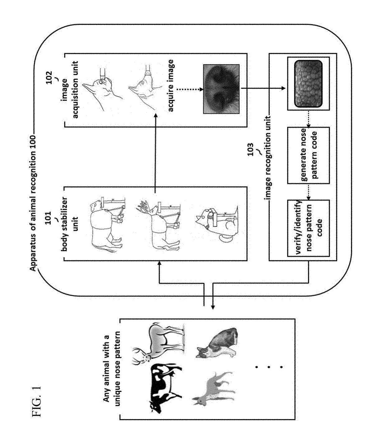 Device for recognizing animal's identity by using animal nose prints