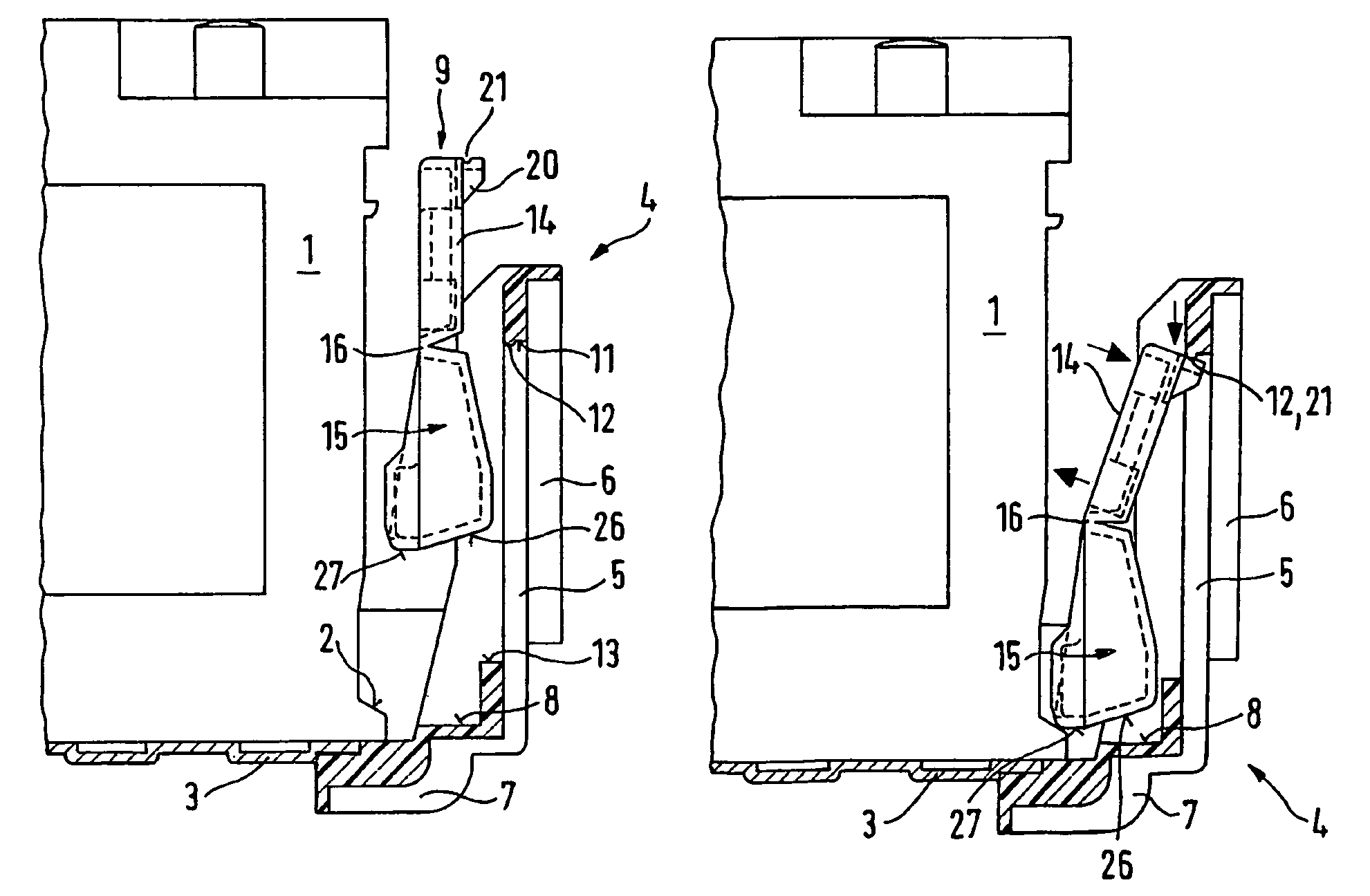Device for fixing a housing, especially a housing pertaining to a motor vehicle battery, to a carrier plate