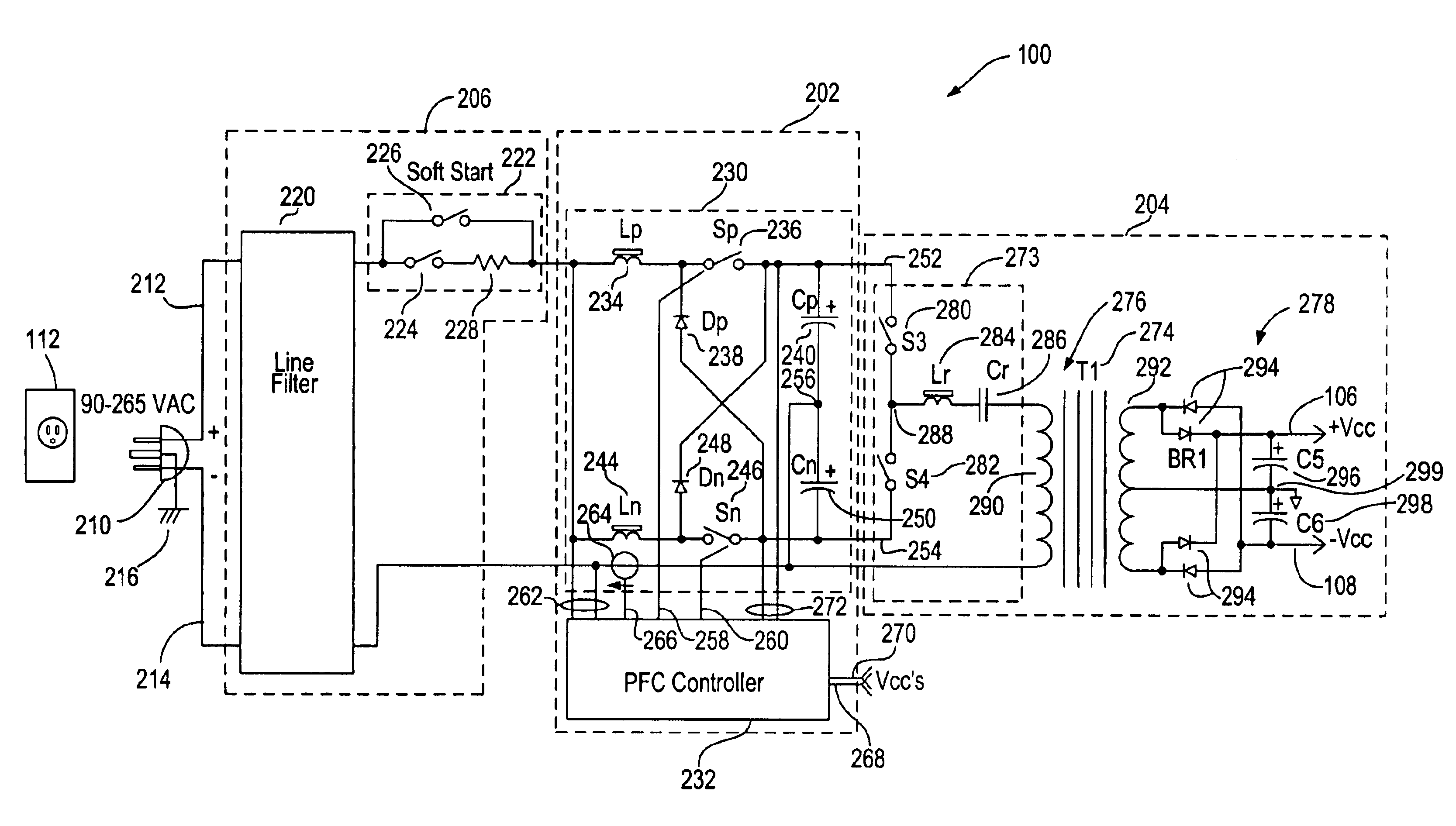 Opposed current converter power factor correcting power supply