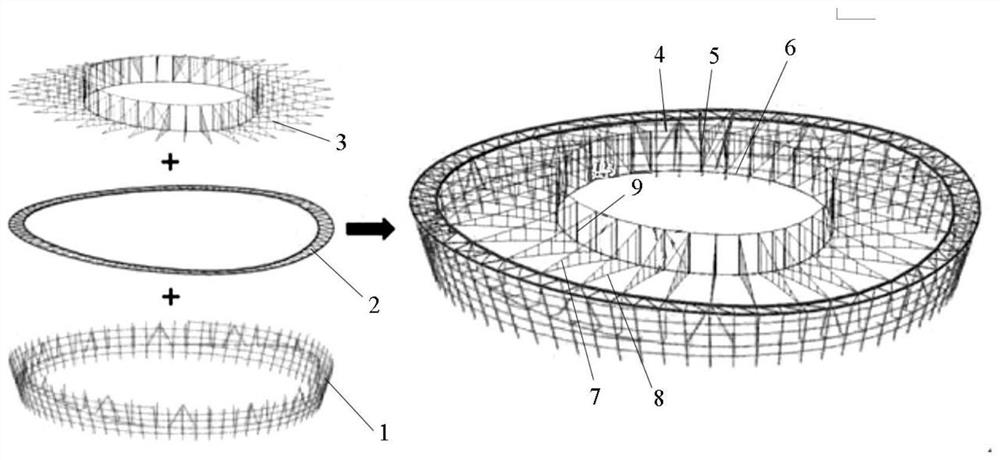 Stadium ultra-large-span hub type double-layer cable structure and mounting method thereof
