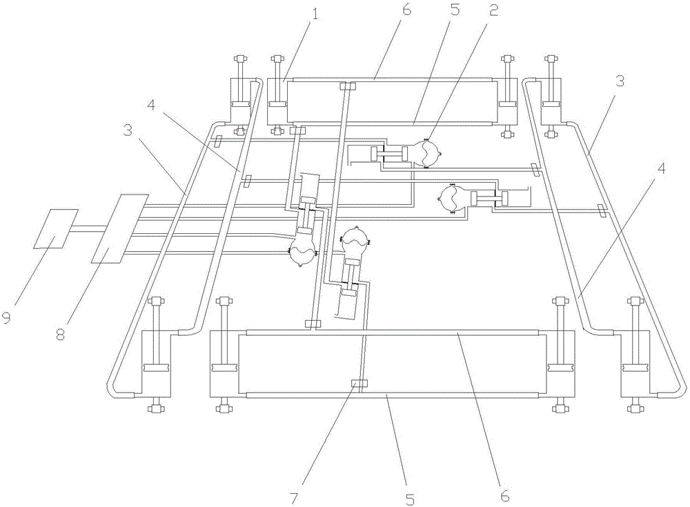 Hydraulic interconnected suspension system for preventing pitching and rolling from crossing, lifting and twisting