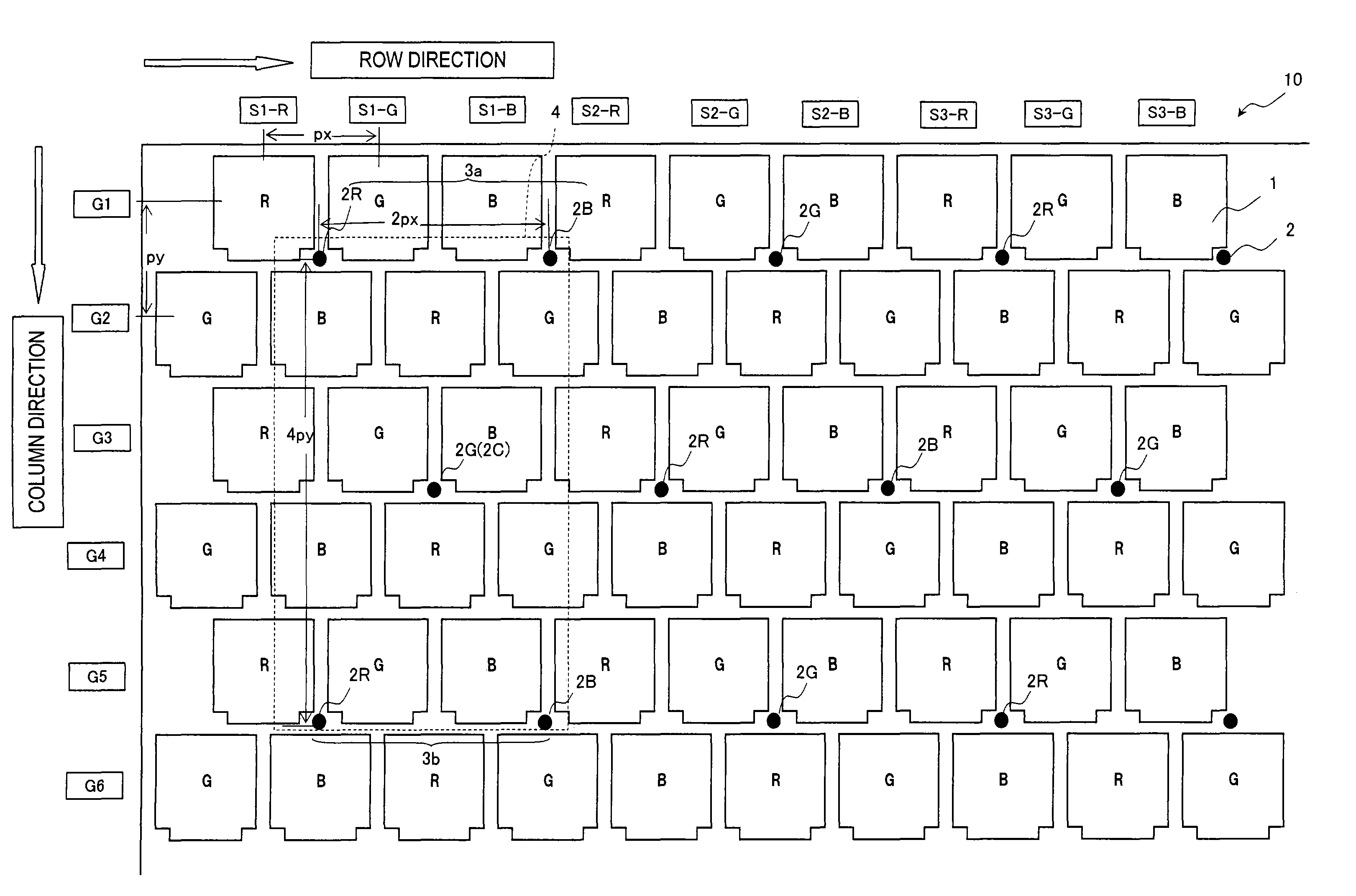 Color filter substrate with plurality of spacers having predetermined relative positions for selected ones of color filters and display device