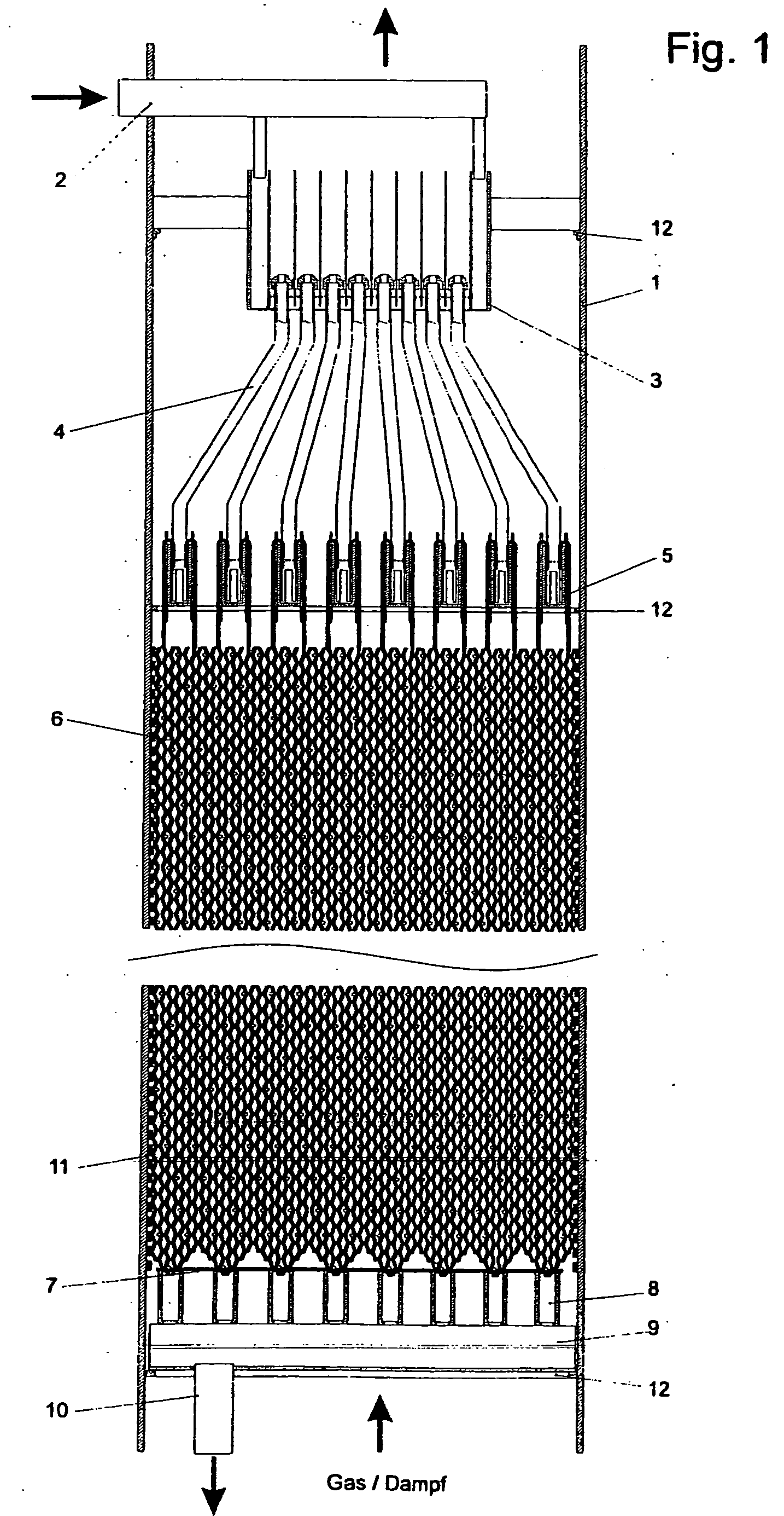 Device for material and/or energy exchange in a wash column