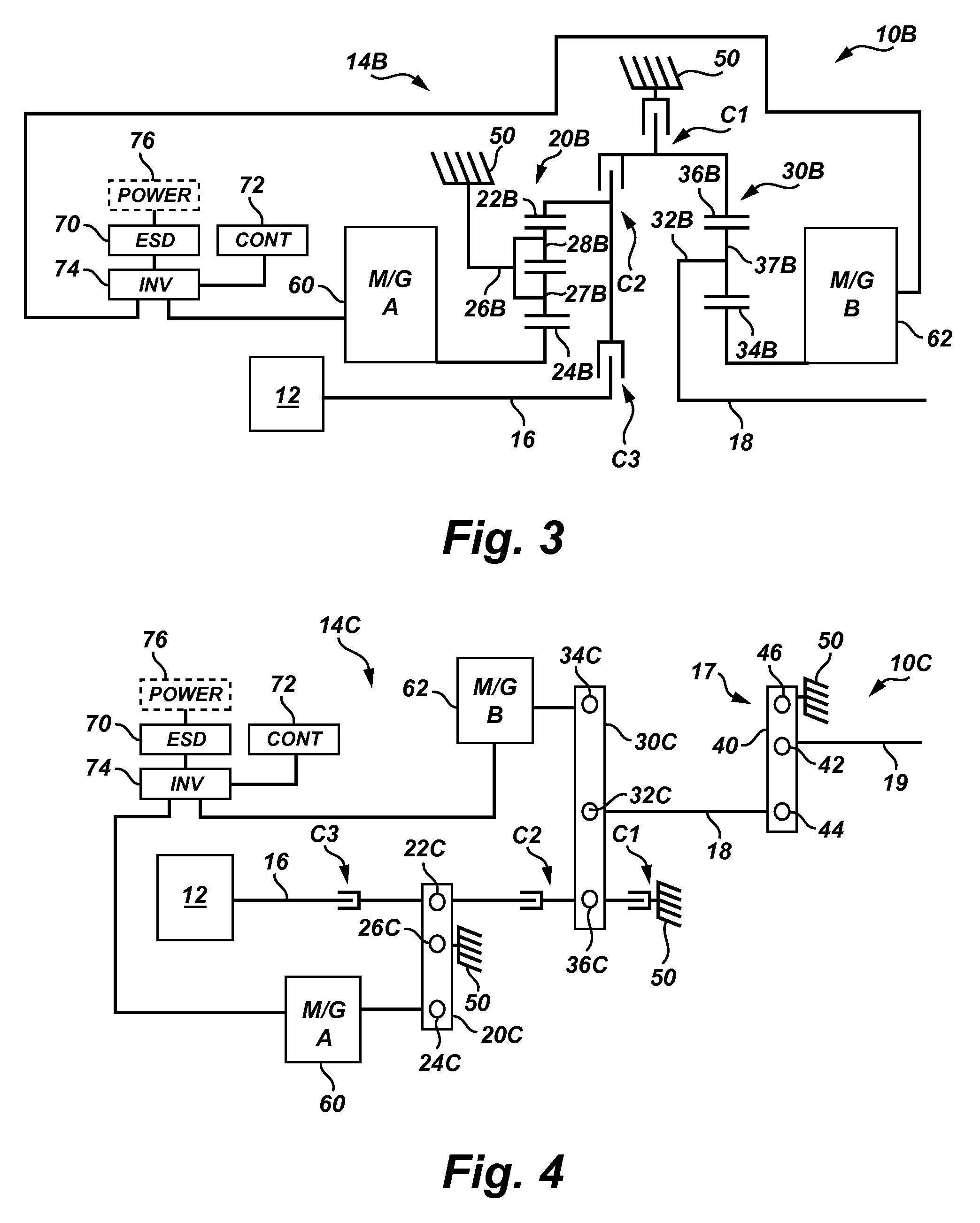 Output-split electrically-variable transmission with two planetary gear sets and two motor/generators
