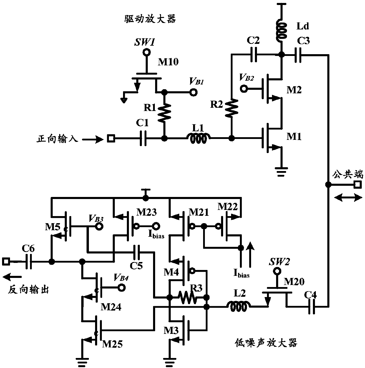 CMOS three-port amplifier applied to TR assembly