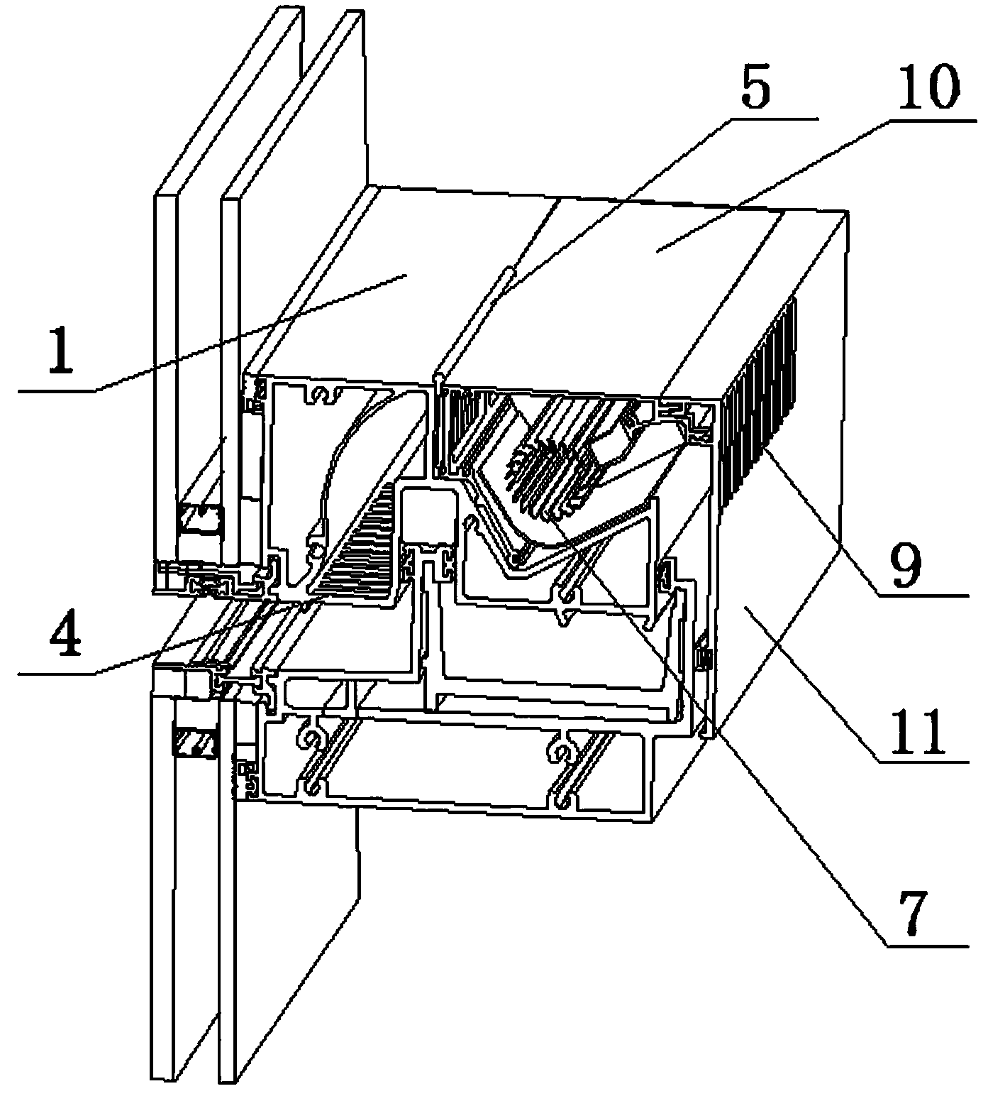 Ventilator integrated on lower transverse keel of unitized curtain wall
