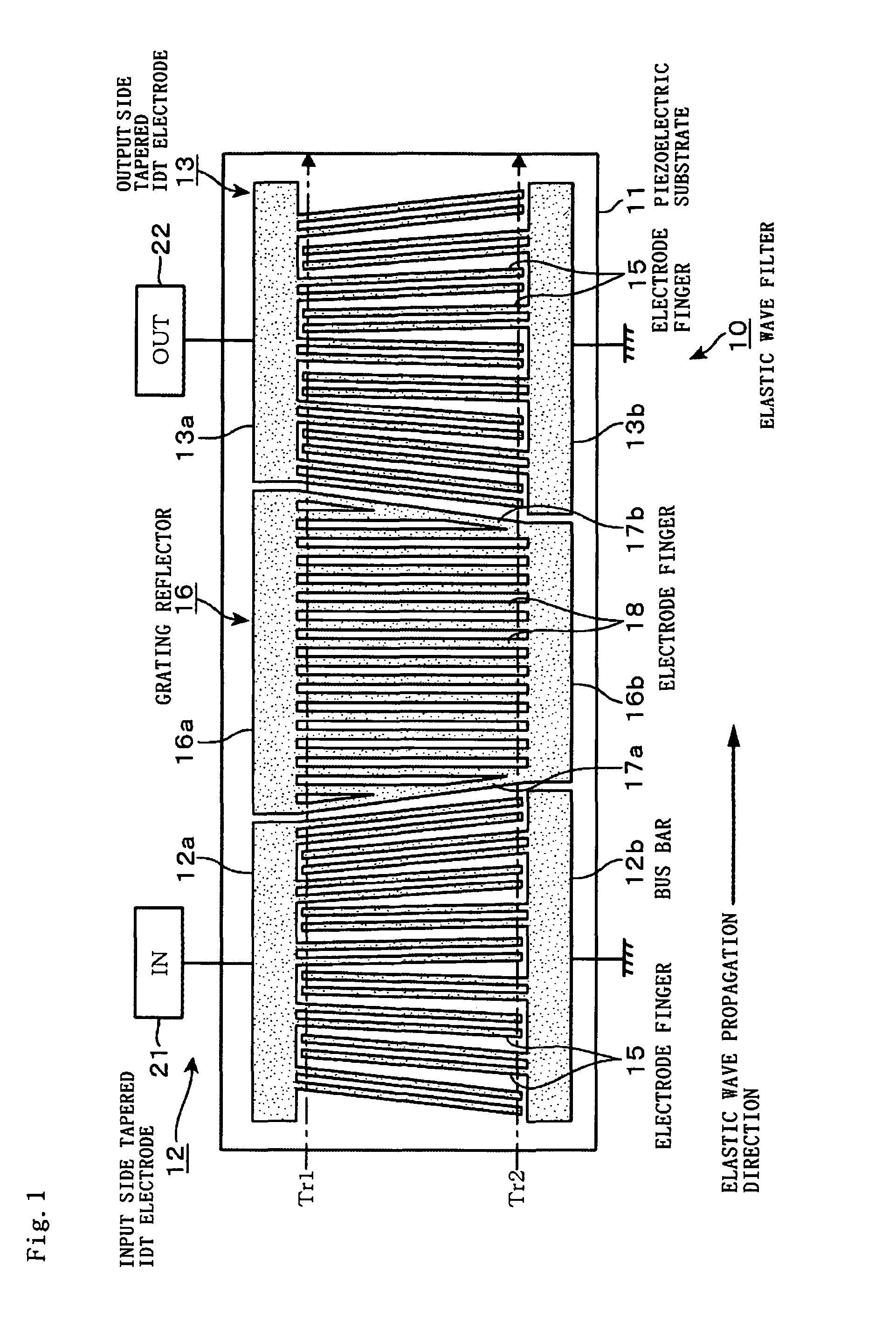 Elastic wave filter including a grating reflector between tapered input and output IDT electrodes