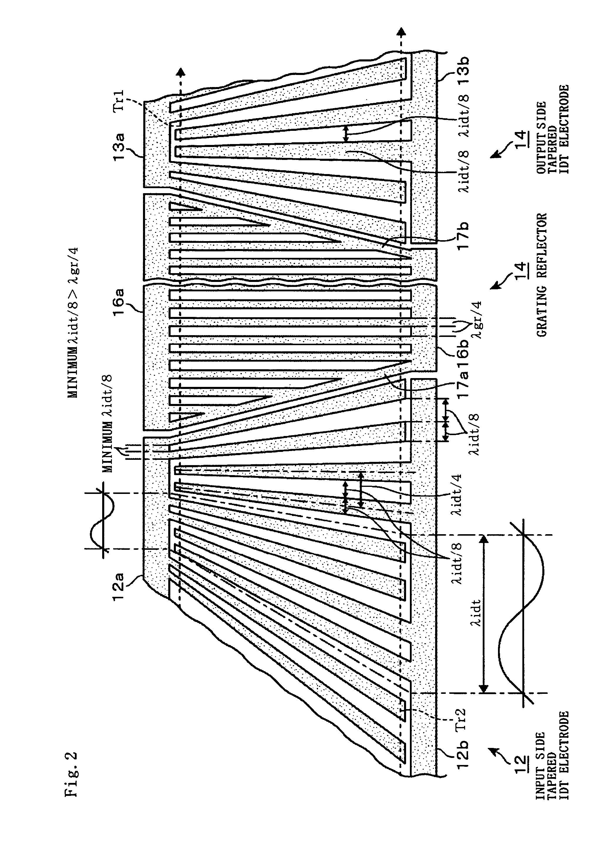 Elastic wave filter including a grating reflector between tapered input and output IDT electrodes