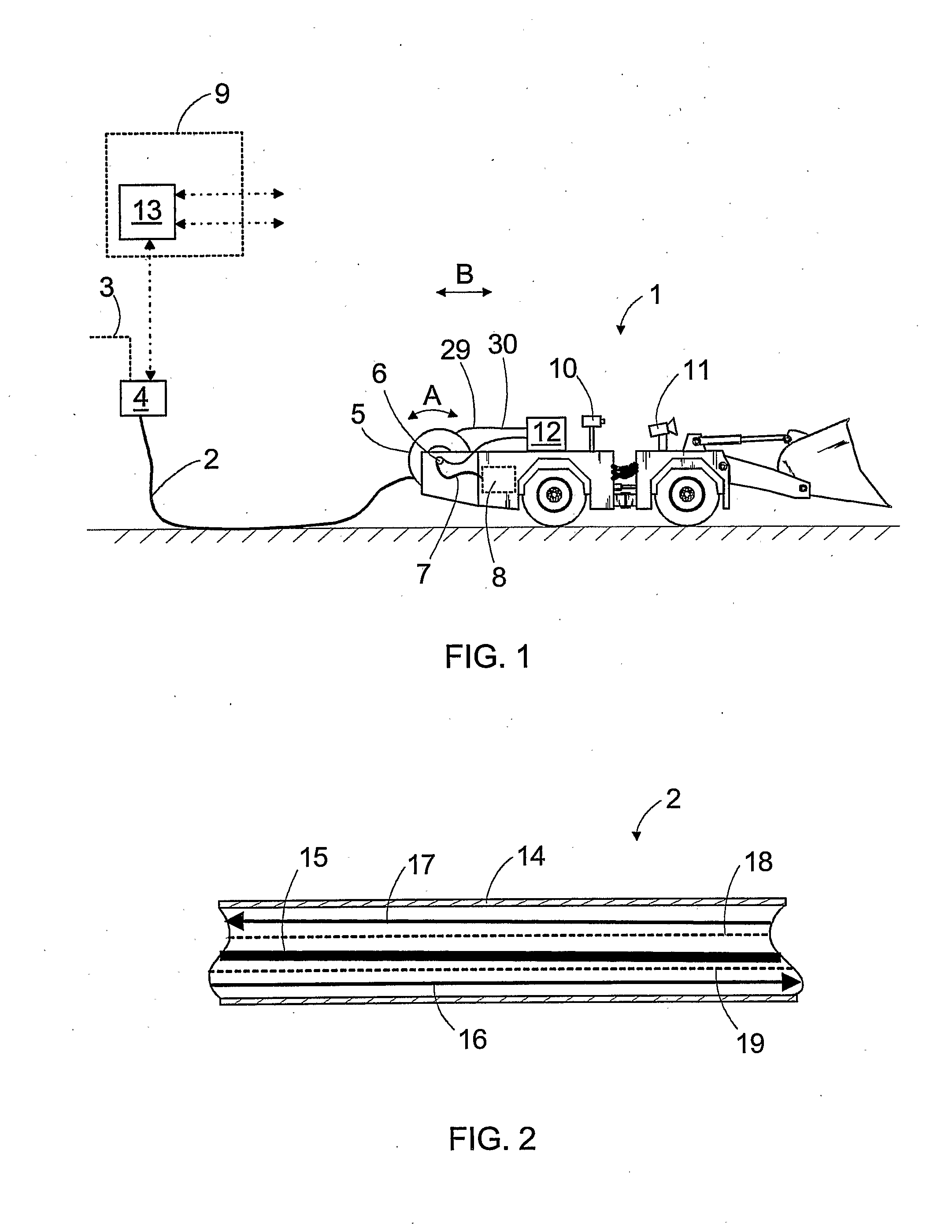 Arrangement for data transmission in mine, and cable reel
