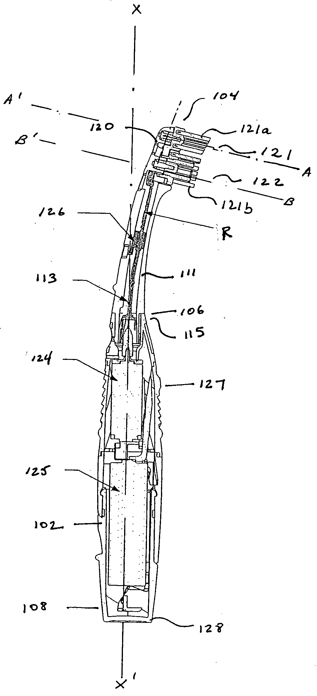 Powered toothbrush with curved neck and flexible shaft and single battery