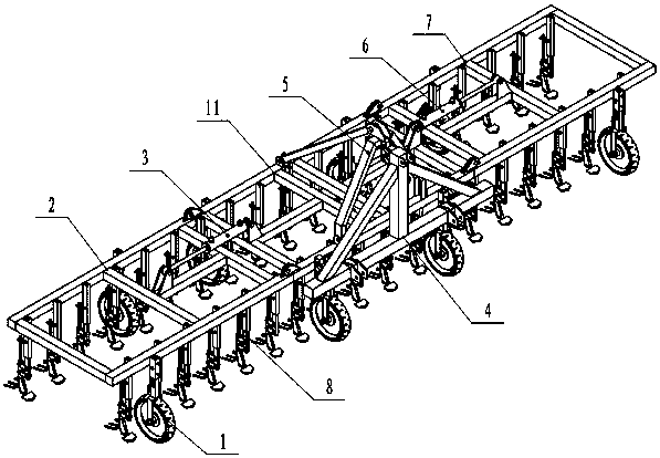 Scarifying machine with profiling, limiting and adjustable spear-shaped shovels
