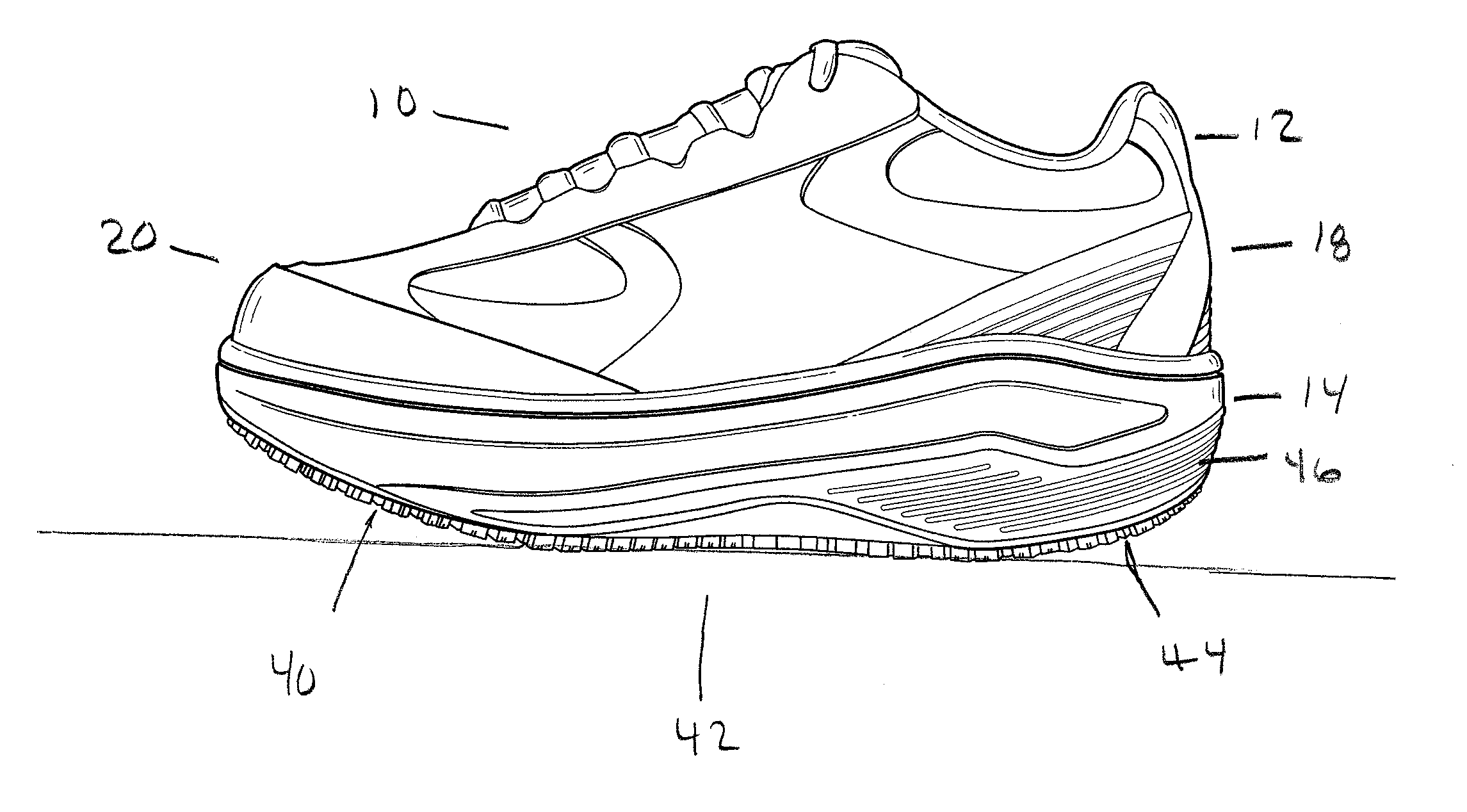 Shoe Construction Having A Rocker Shaped Bottom And Integral Stabilizer
