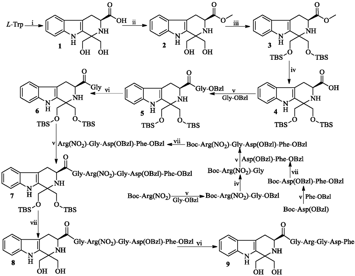 Synthesis, activity and application for 1, 1-dihydroxymethyl-tetrahydro-beta-carboline-3-formyl-GRGDF