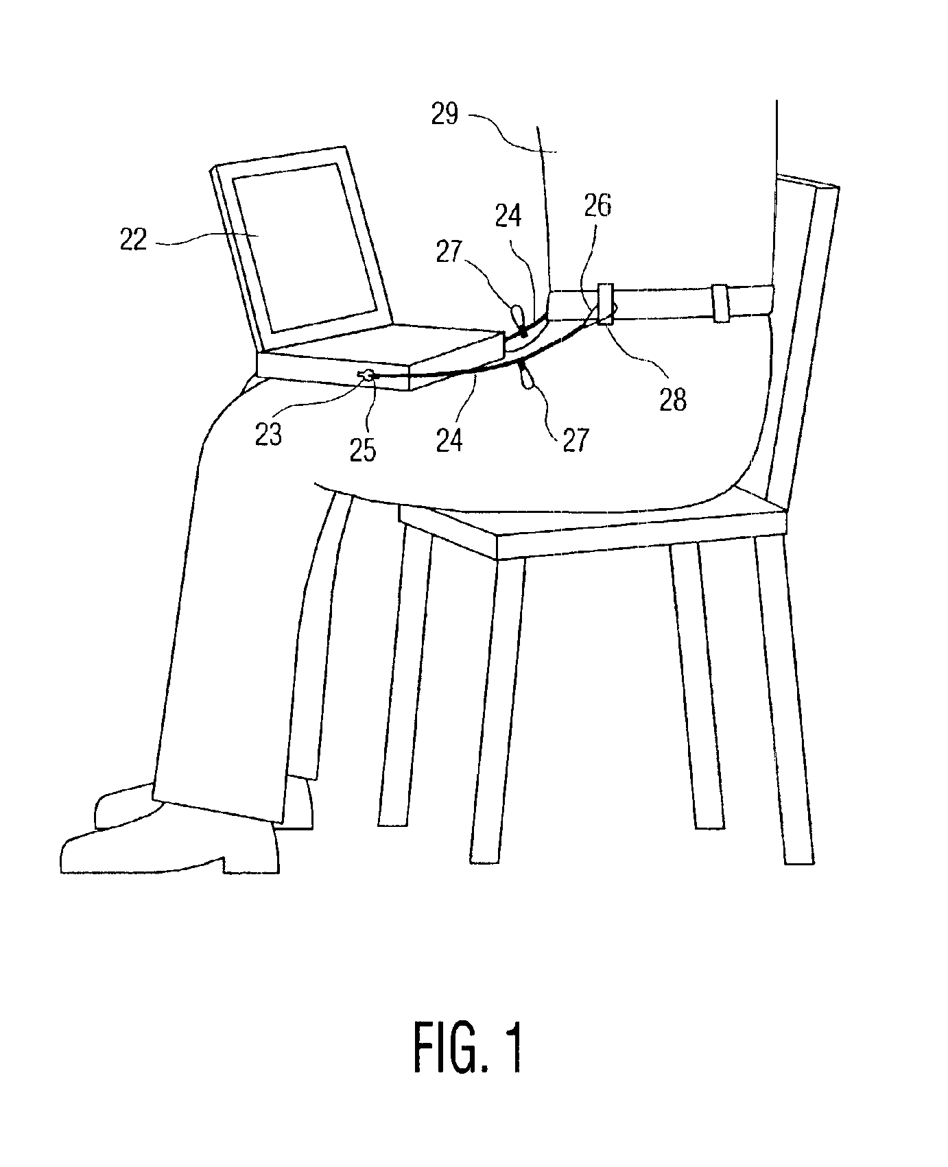Tether arrangement for portable electronic device, such as a lap-top computer