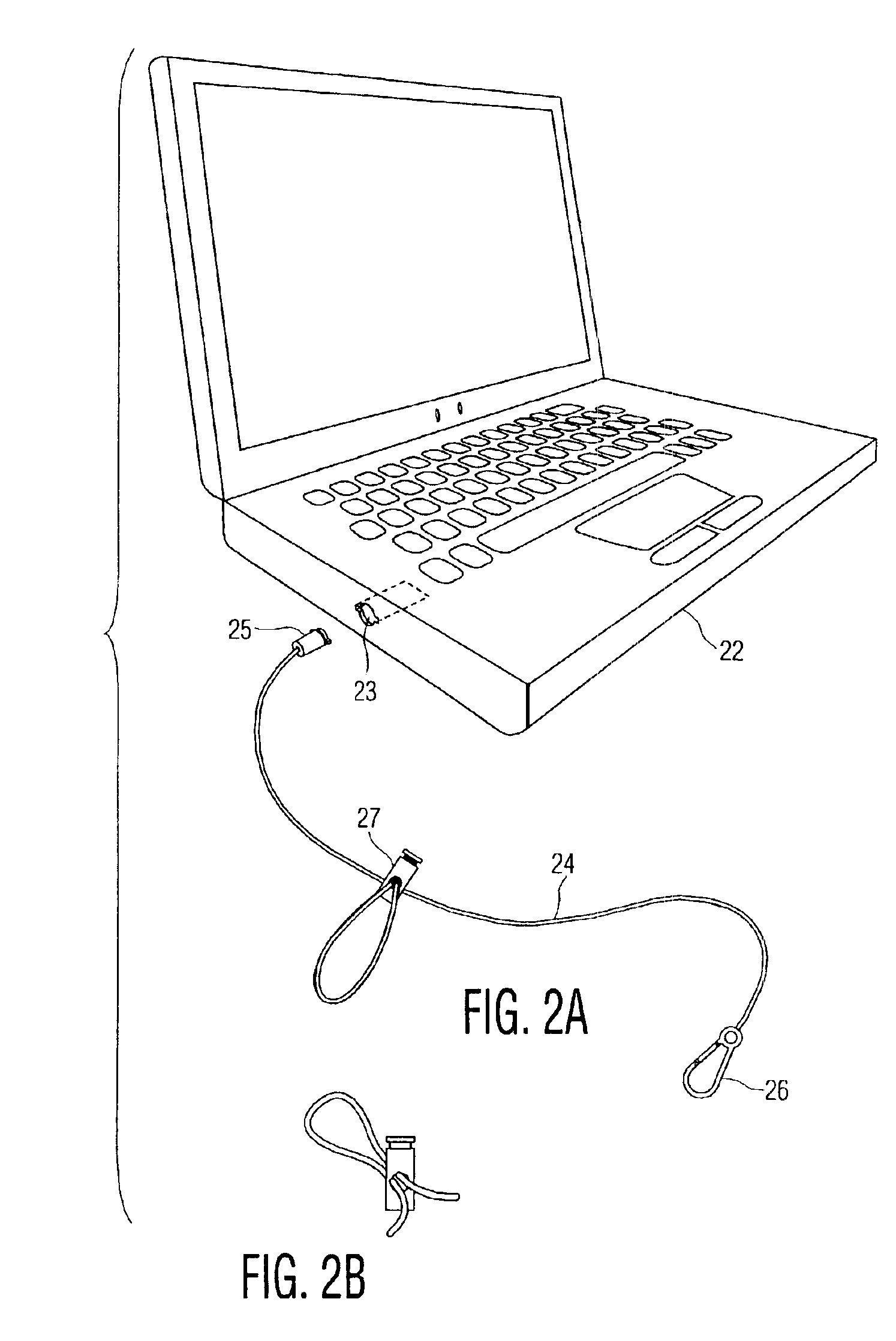 Tether arrangement for portable electronic device, such as a lap-top computer