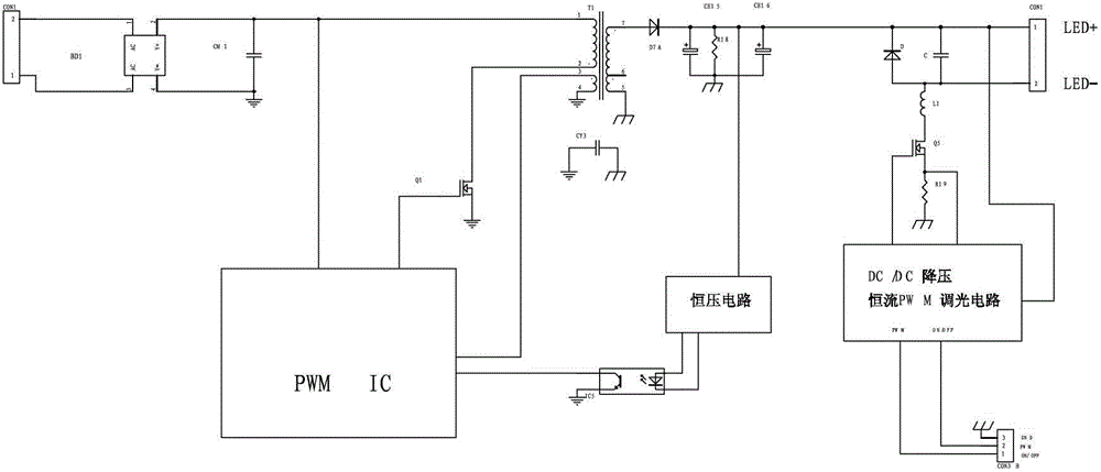 Single-stage power supply LED (Light Emitting Diode) constant-current driving PWM (Pulse Width Modulation) input dimming circuit