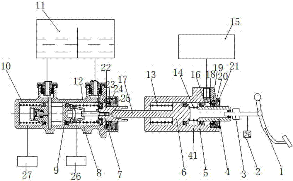 Double-cylinder braking master cylinder system provided with pedal sensing simulator