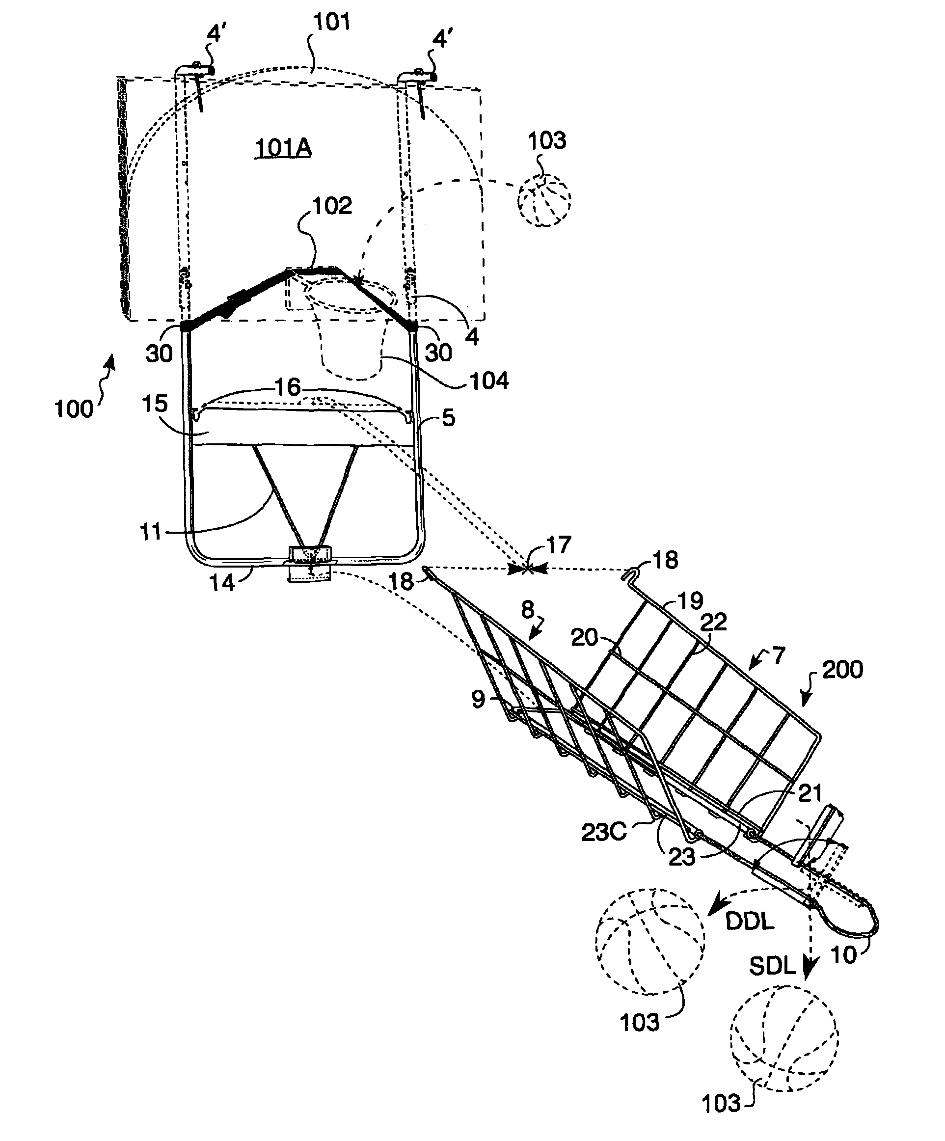 Basketball return apparatus with track extender and deflector