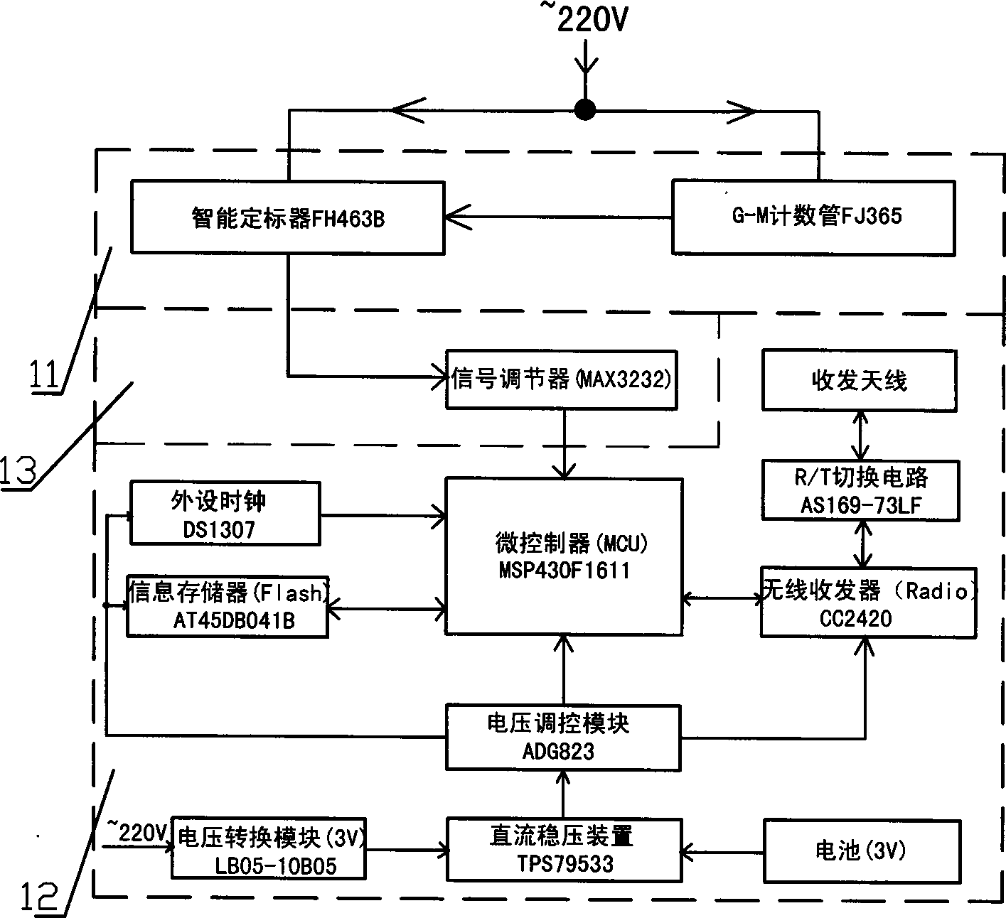 Low power consumption beta-ray wireless sensing monitoring device and system