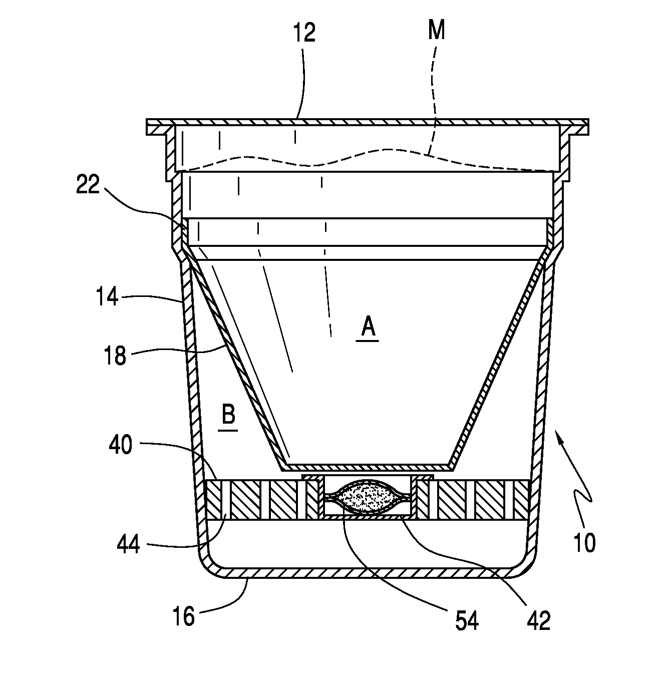 Oxygen and carbon dioxide absorption in a single use container with an absorbent support below the filter