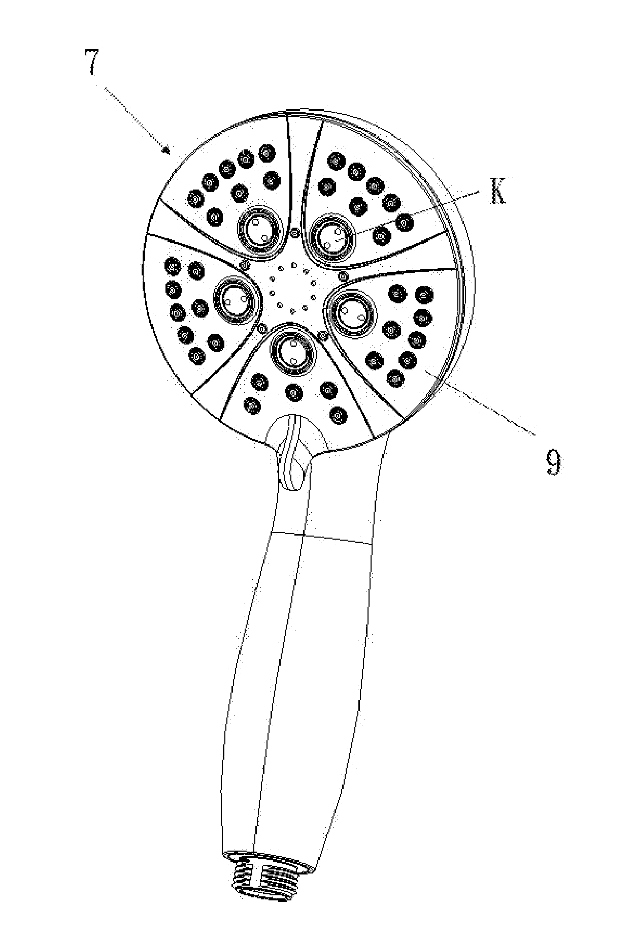 Water outlet valve core of a wall mounted shower head and water output device using the same