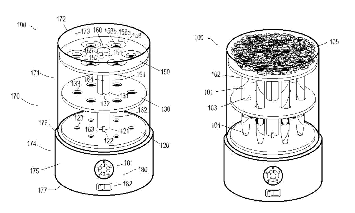 Shaker device for packing loose material and related methods