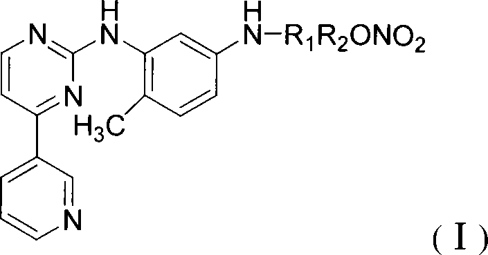 N-(5-amido-2-methyl phenyl)-4-(3-pyridinyl)-2-aminopyrimidine nitric oxide donating derivant, production method and uses thereof