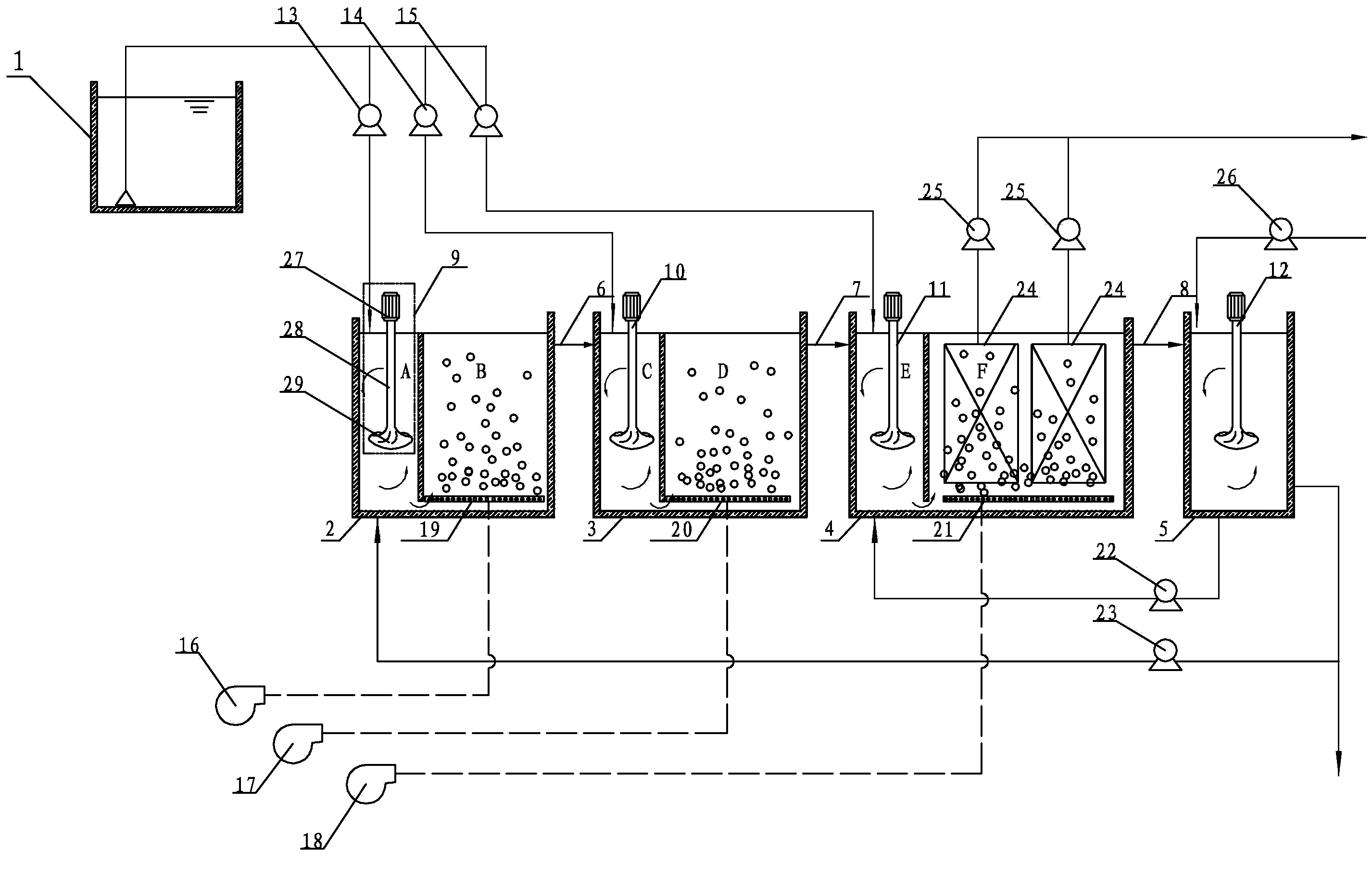 Reinforced deep-denitrifying device with multi-point water-inflow coupling fixed film