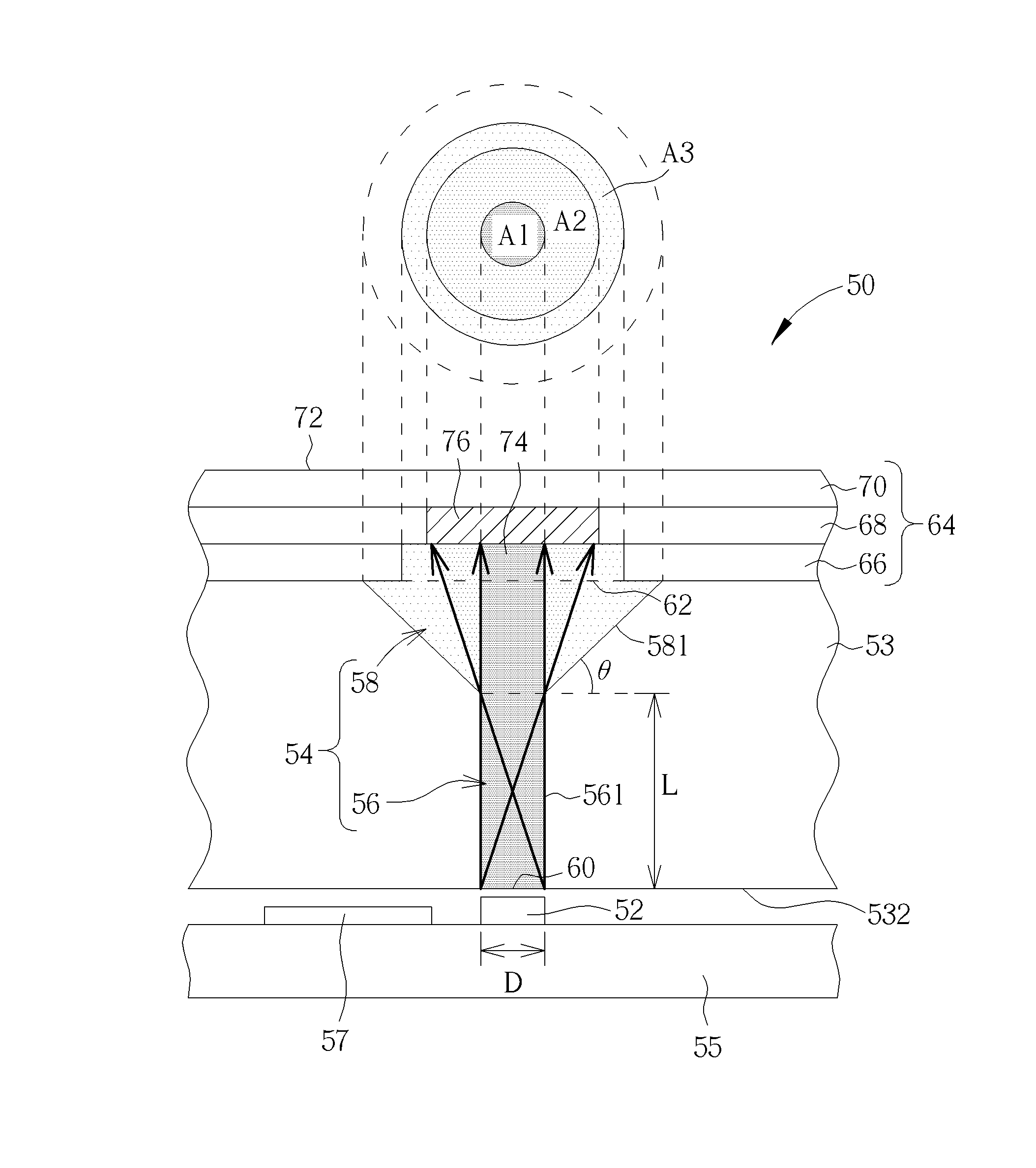 Light-emitting device with vignetting effect