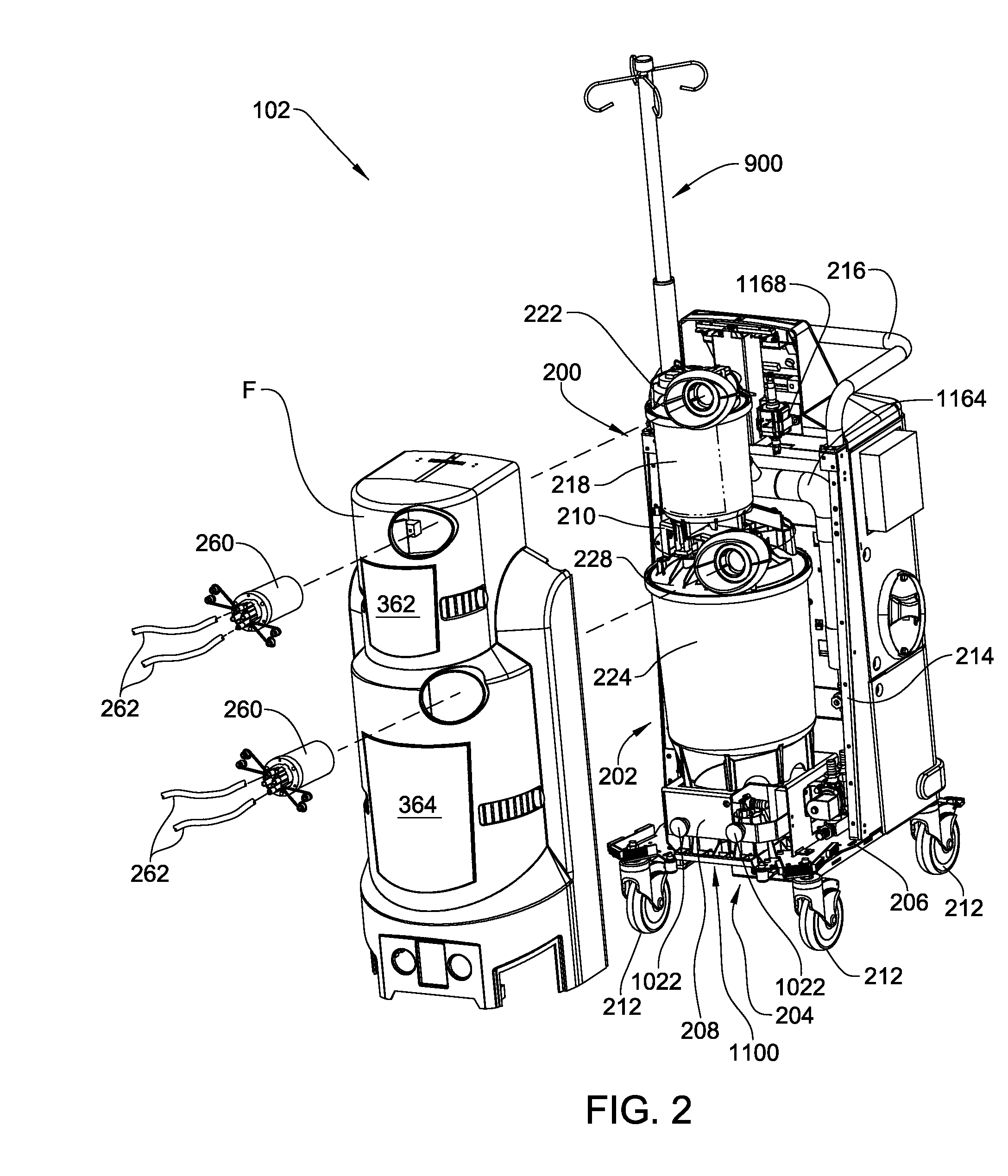 Medical/surgical waste collection unit including waste containers of different storage volumes with inter-container transfer valve and independently controlled vacuum levels