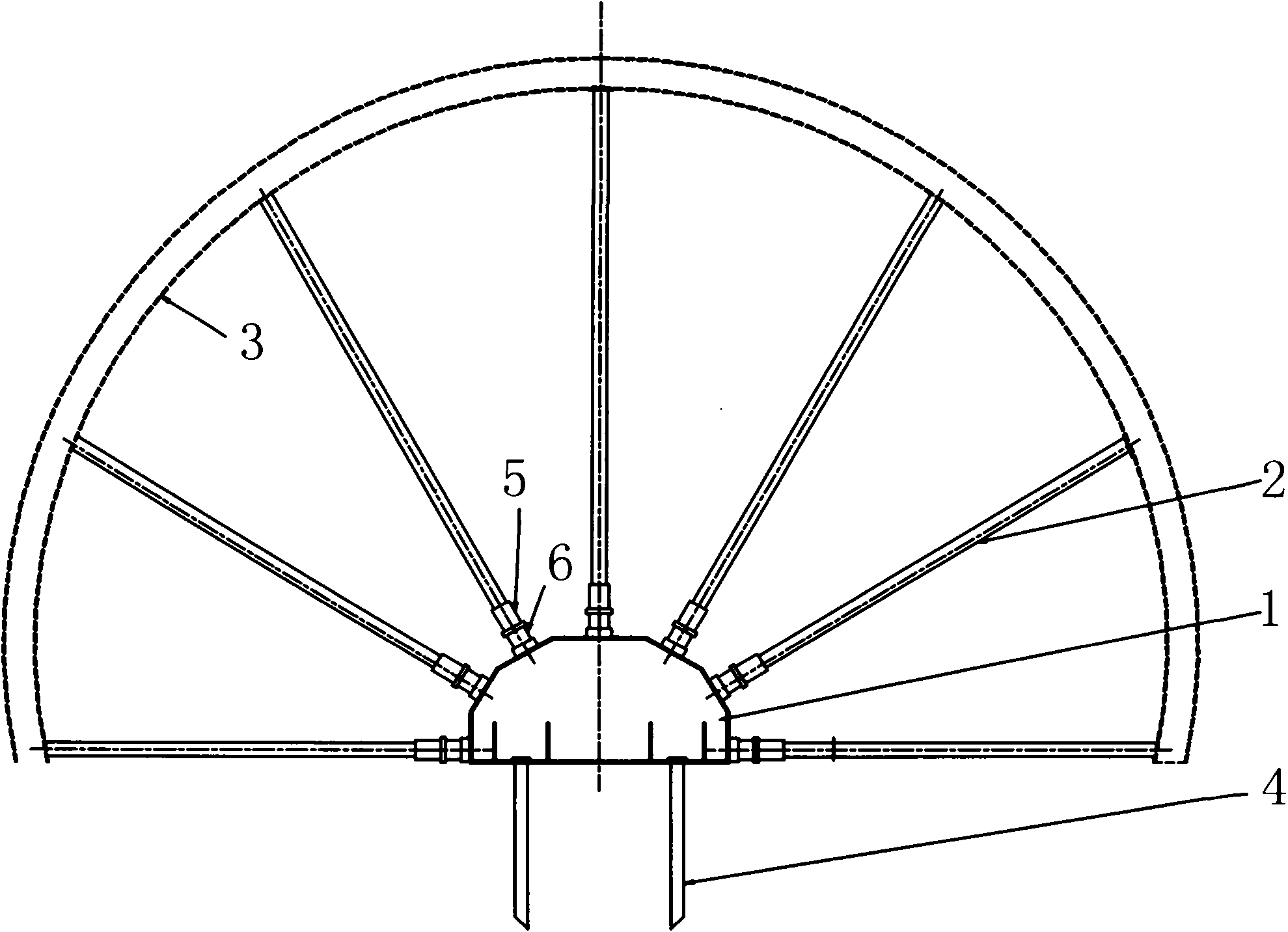 Hydraulic fan-shaped support system for controlling steel frame deformation in tunnel construction