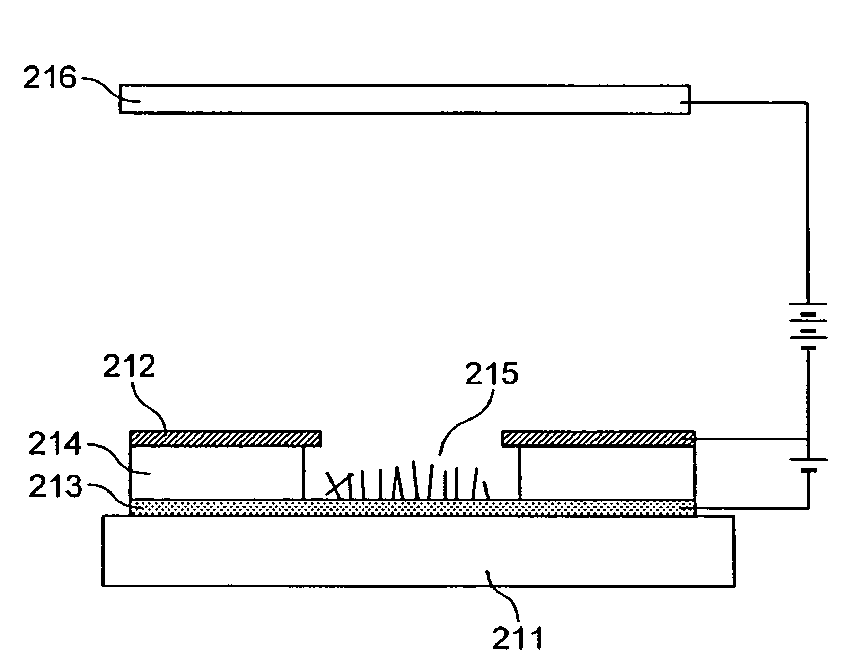 Fiber containing carbon, substrate and electron emission device using fiber containing carbon, electron source using the electron emission device, display panel using the electron source, and information displaying/playing apparatus using the display panel, and a method of manufacturing thereof