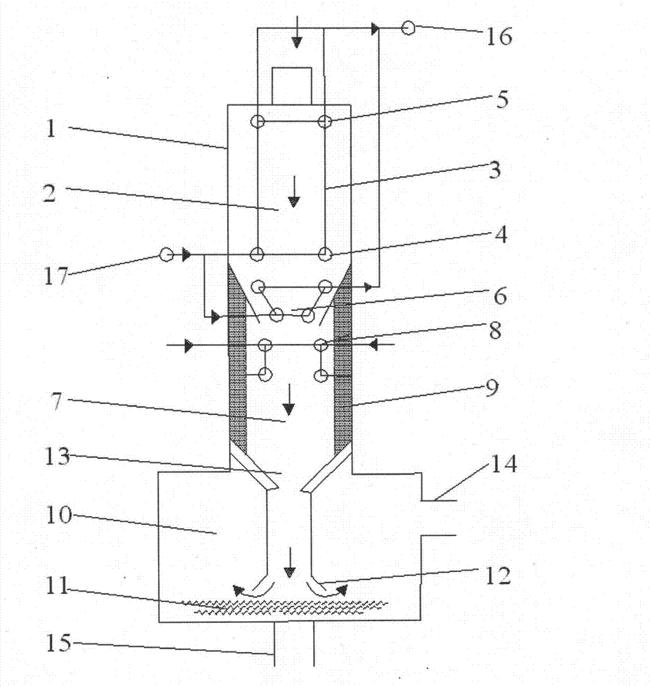 Combustible carbon material gasifying device employing three-section composite dry and wet method