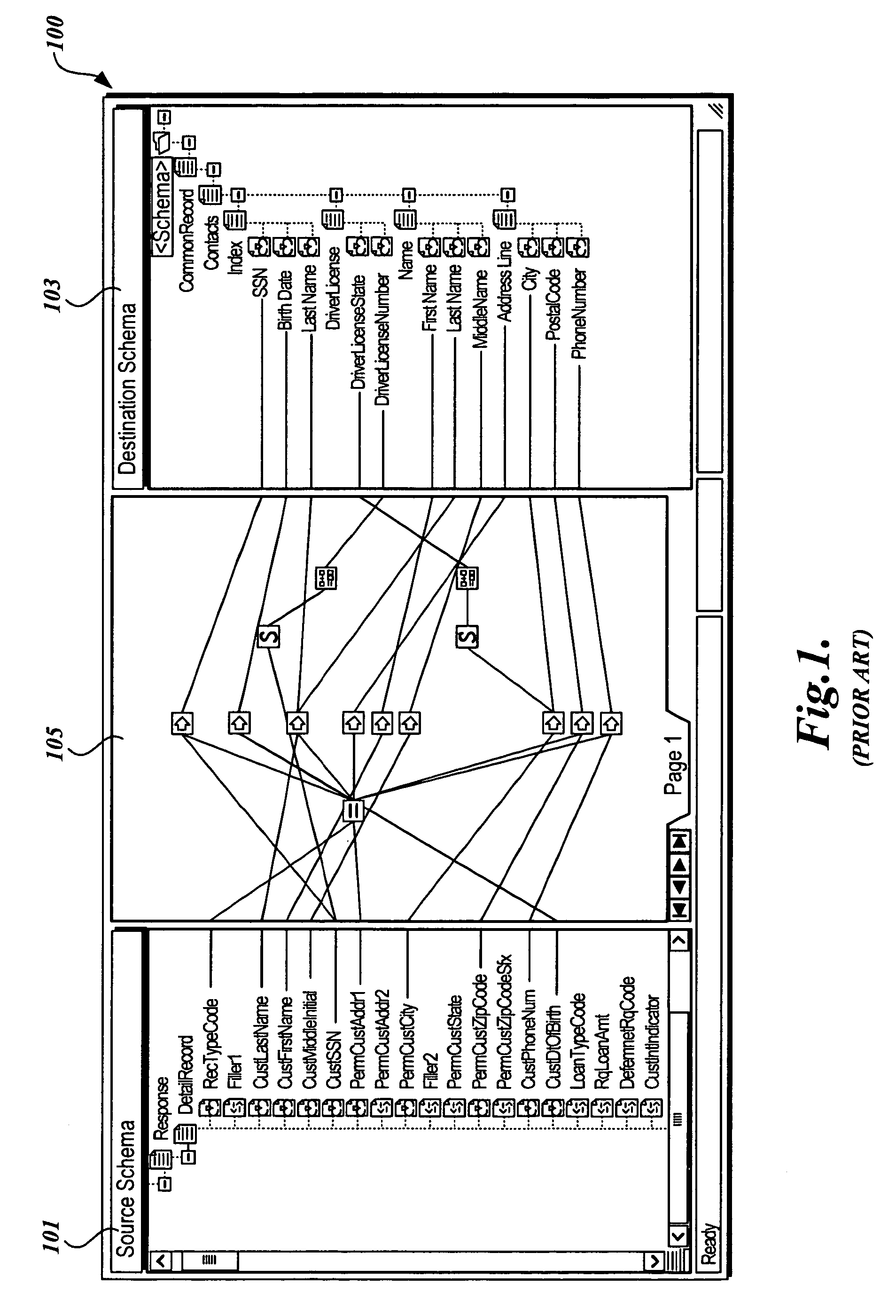 Method for displaying a visual representation of mapping between a source schema and a destination schema emphasizing visually adjusts the objects such that they are visually distinguishable from the non-relevant and non-selected objects