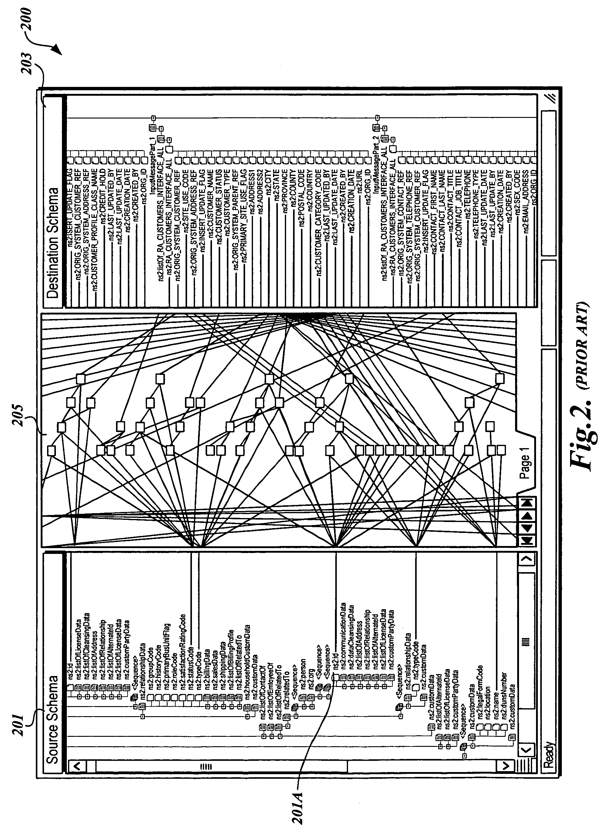 Method for displaying a visual representation of mapping between a source schema and a destination schema emphasizing visually adjusts the objects such that they are visually distinguishable from the non-relevant and non-selected objects