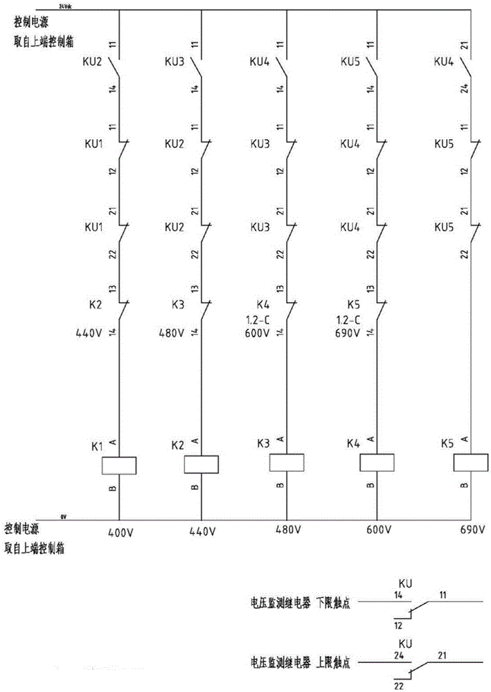 A multi-voltage automatic switching device on the input side of a transformer