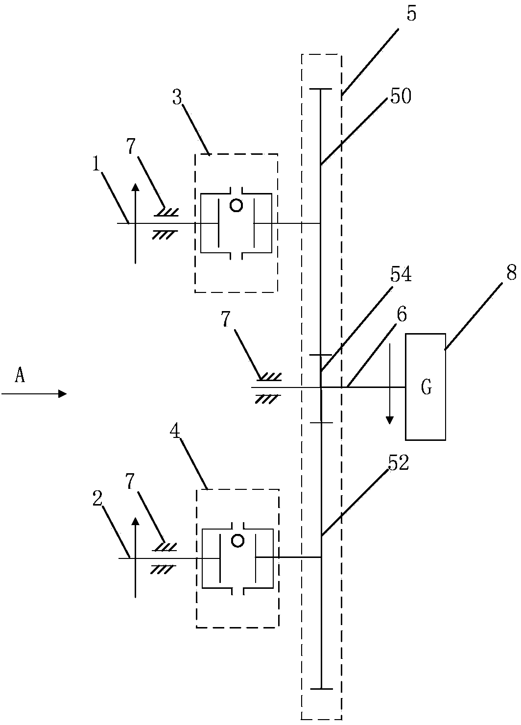 Multi-shaft fluctuating rotation transmitting device and power generation device used for multi-shaft fluctuating rotation transmitting device