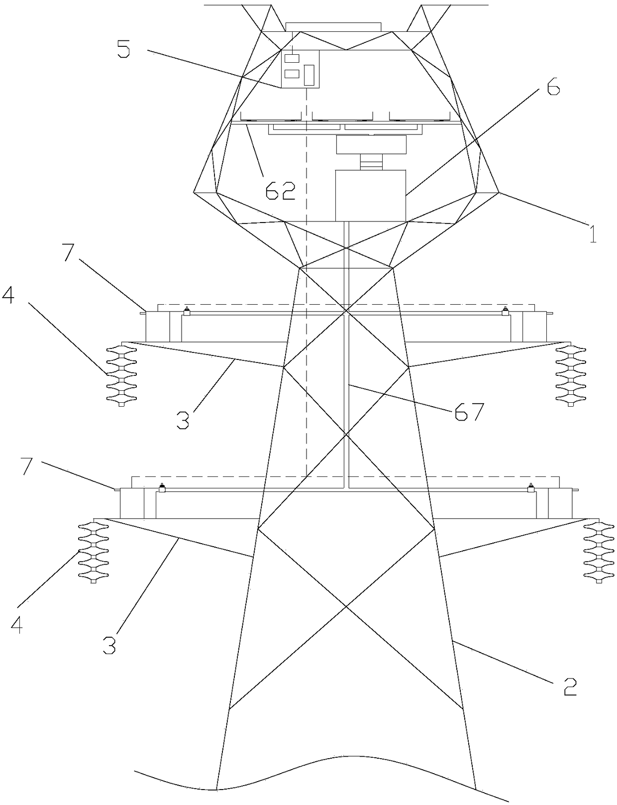 A transmission tower suitable for power transmission and its insulator bird repelling method