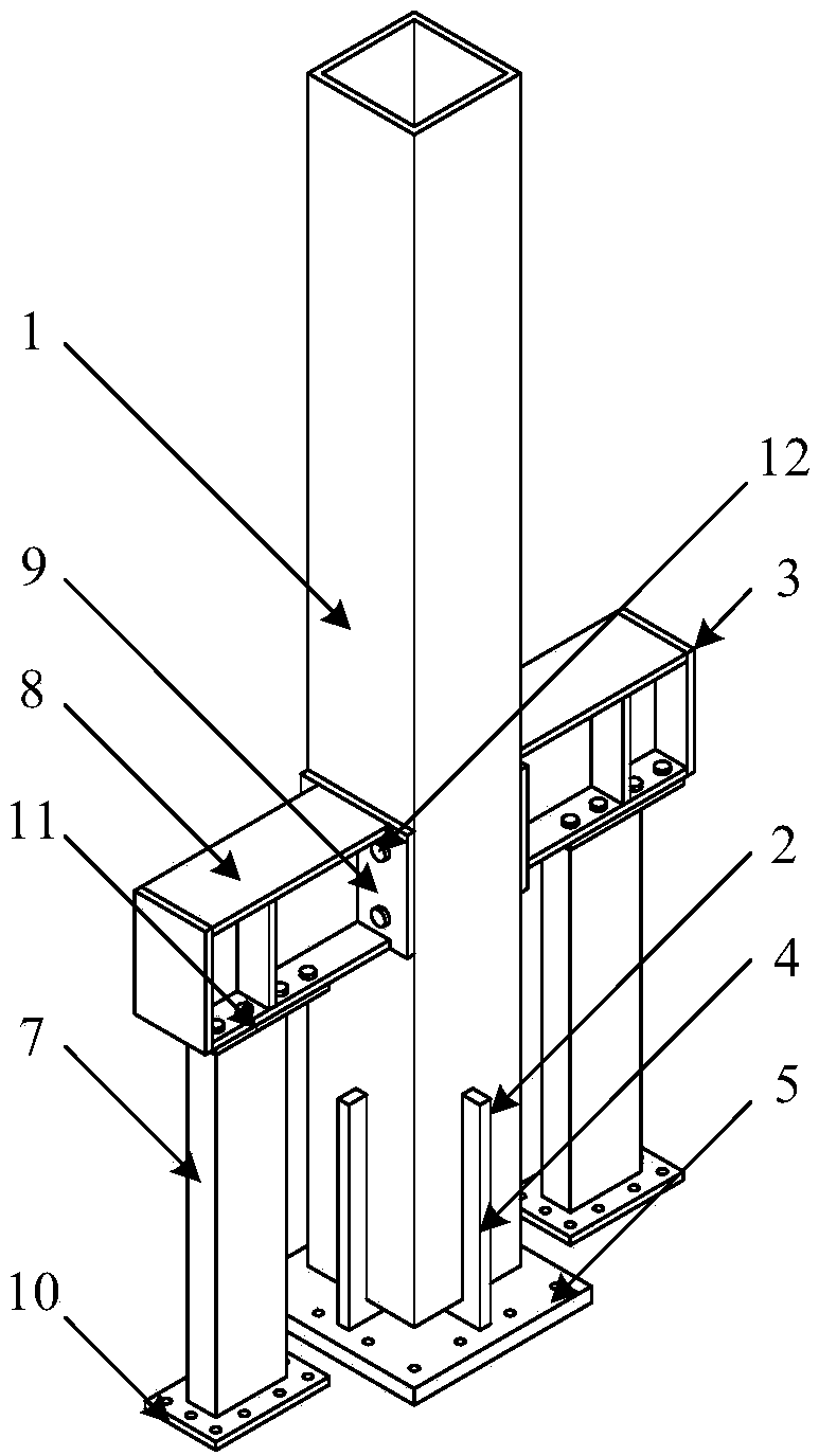 Crossed connecting column base node with additional lateral-resistance shearing wall and functions recoverable after earthquake