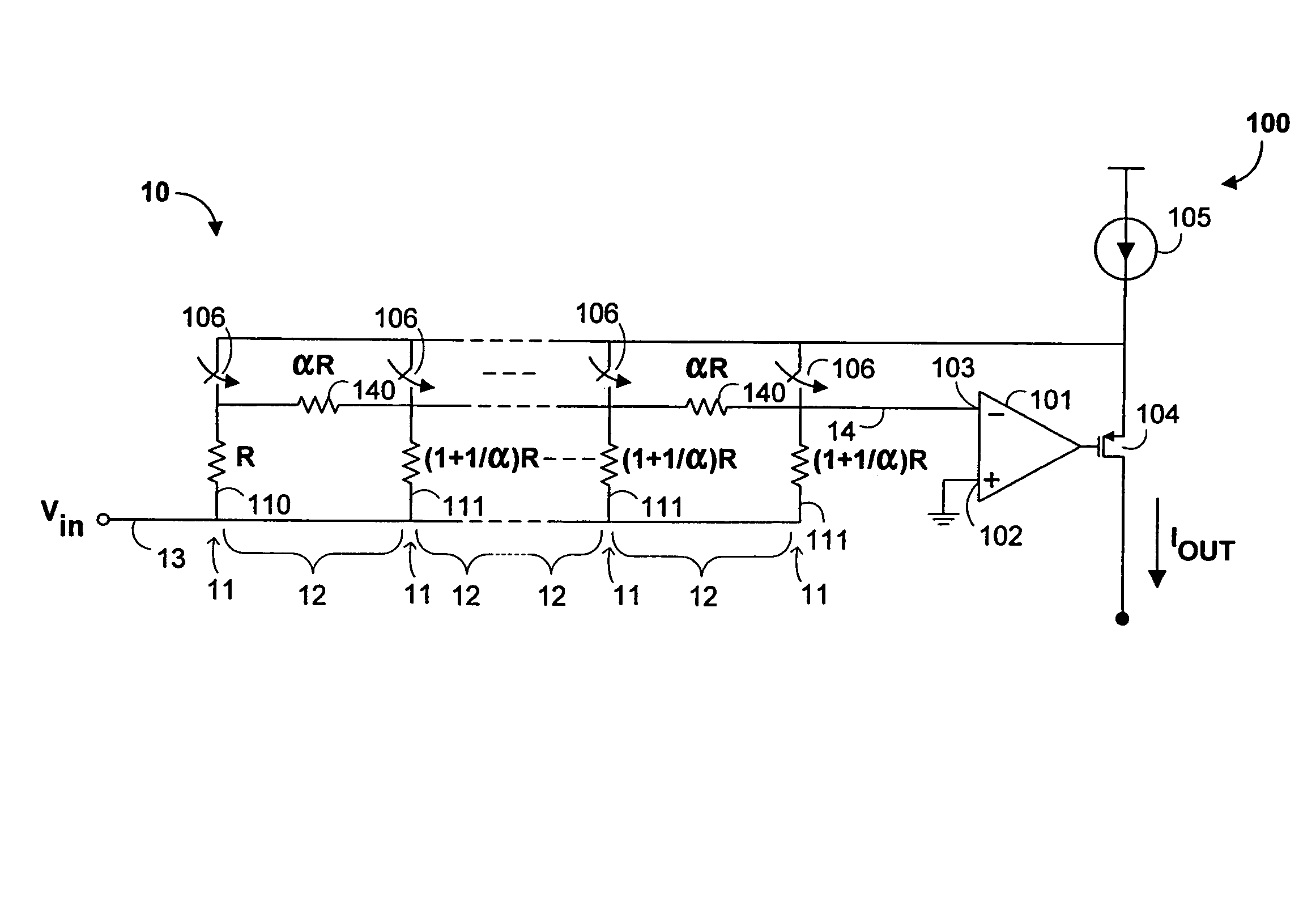 Linear-in-dB variable gain amplifier using geometric ladder circuit