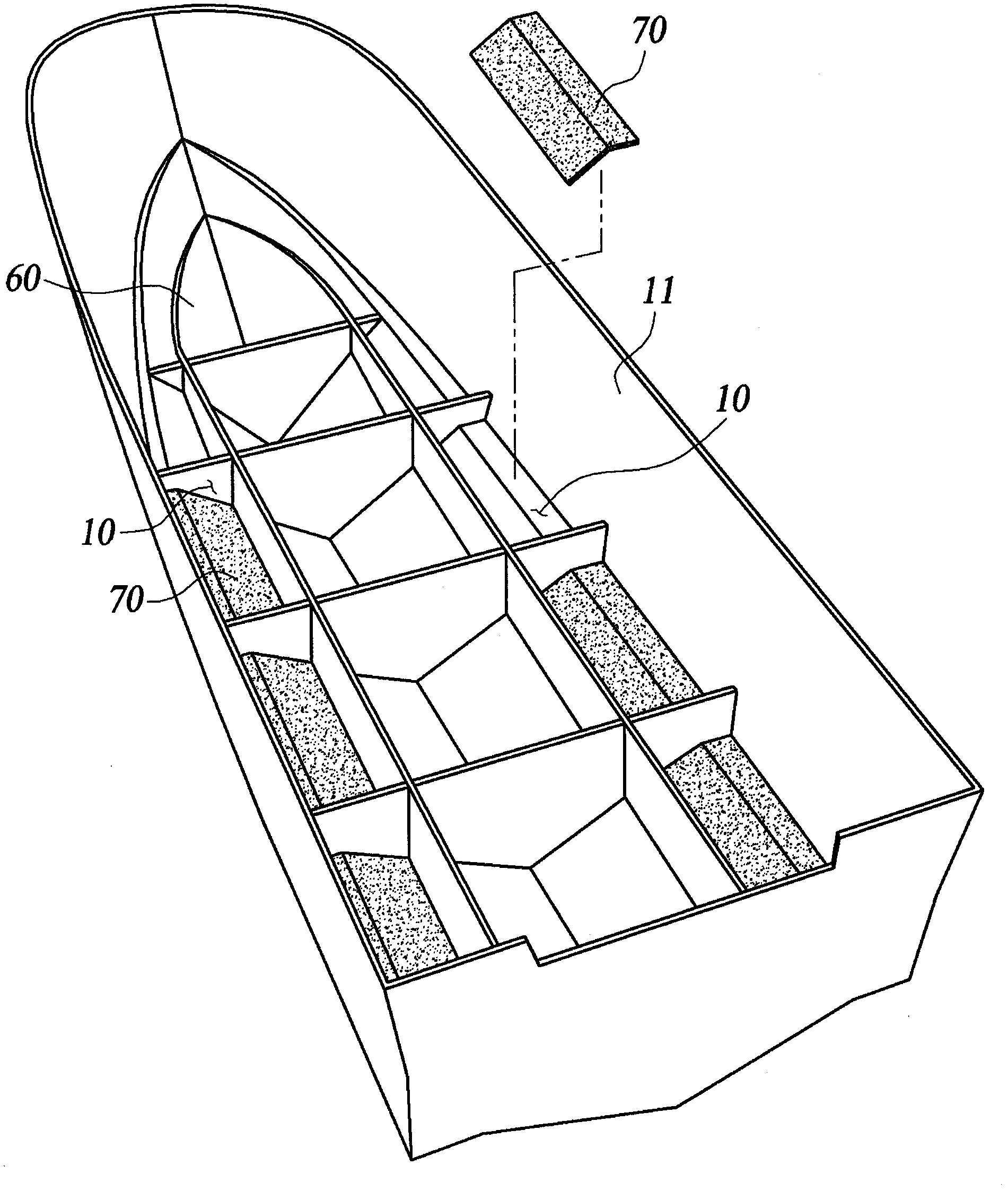 Ship provided with sinking prevention tanks and manufacturing method thereof