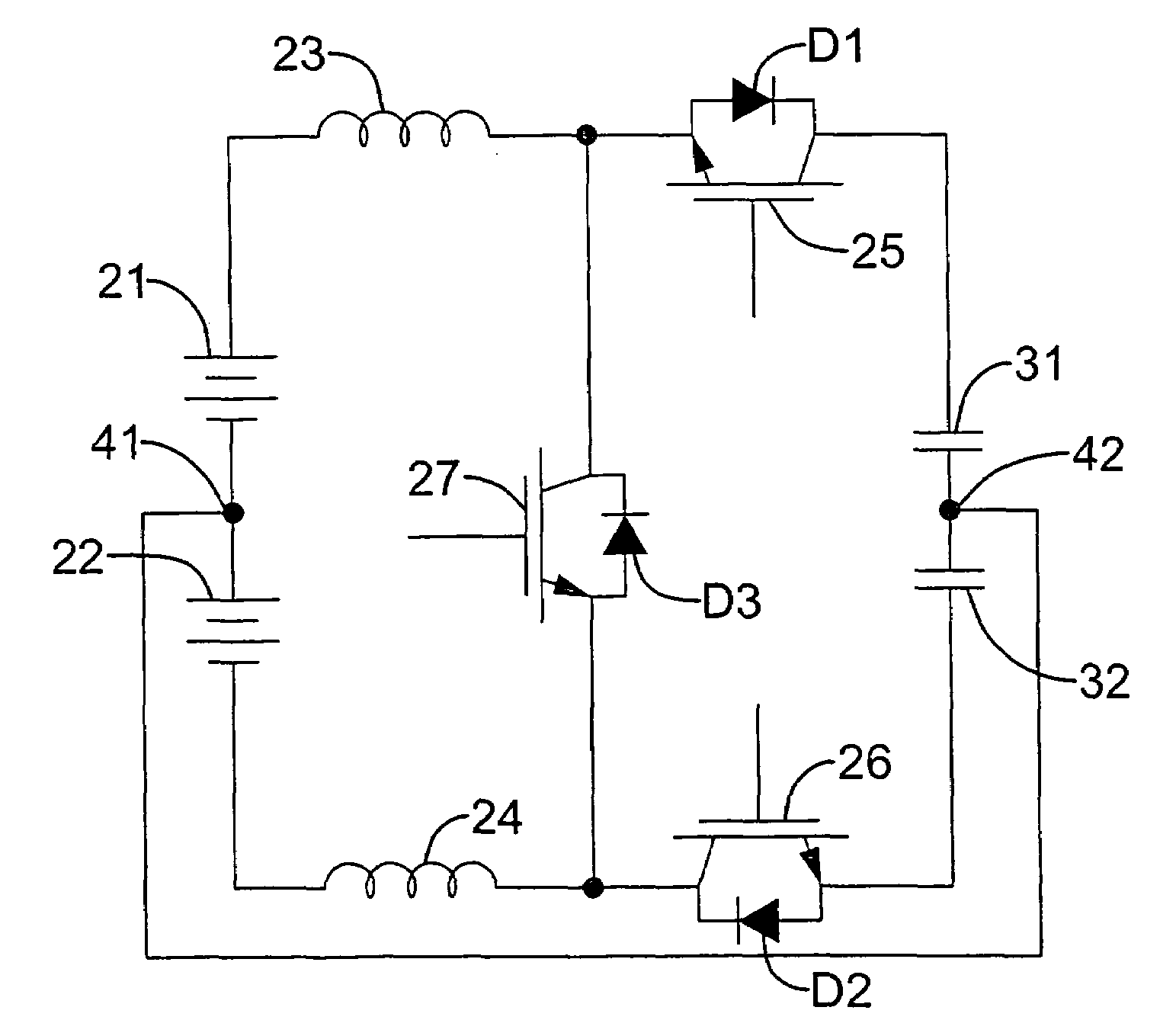 Bi-directional DC to DC power converter having a neutral terminal