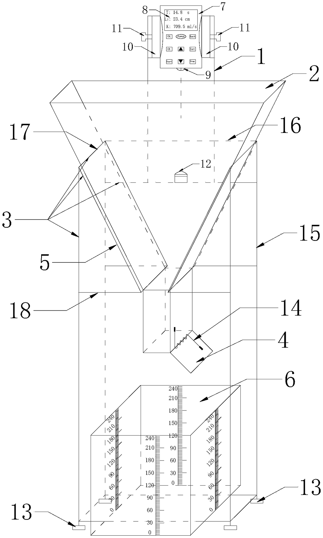 V-shaped funnel device for measuring concrete flowability