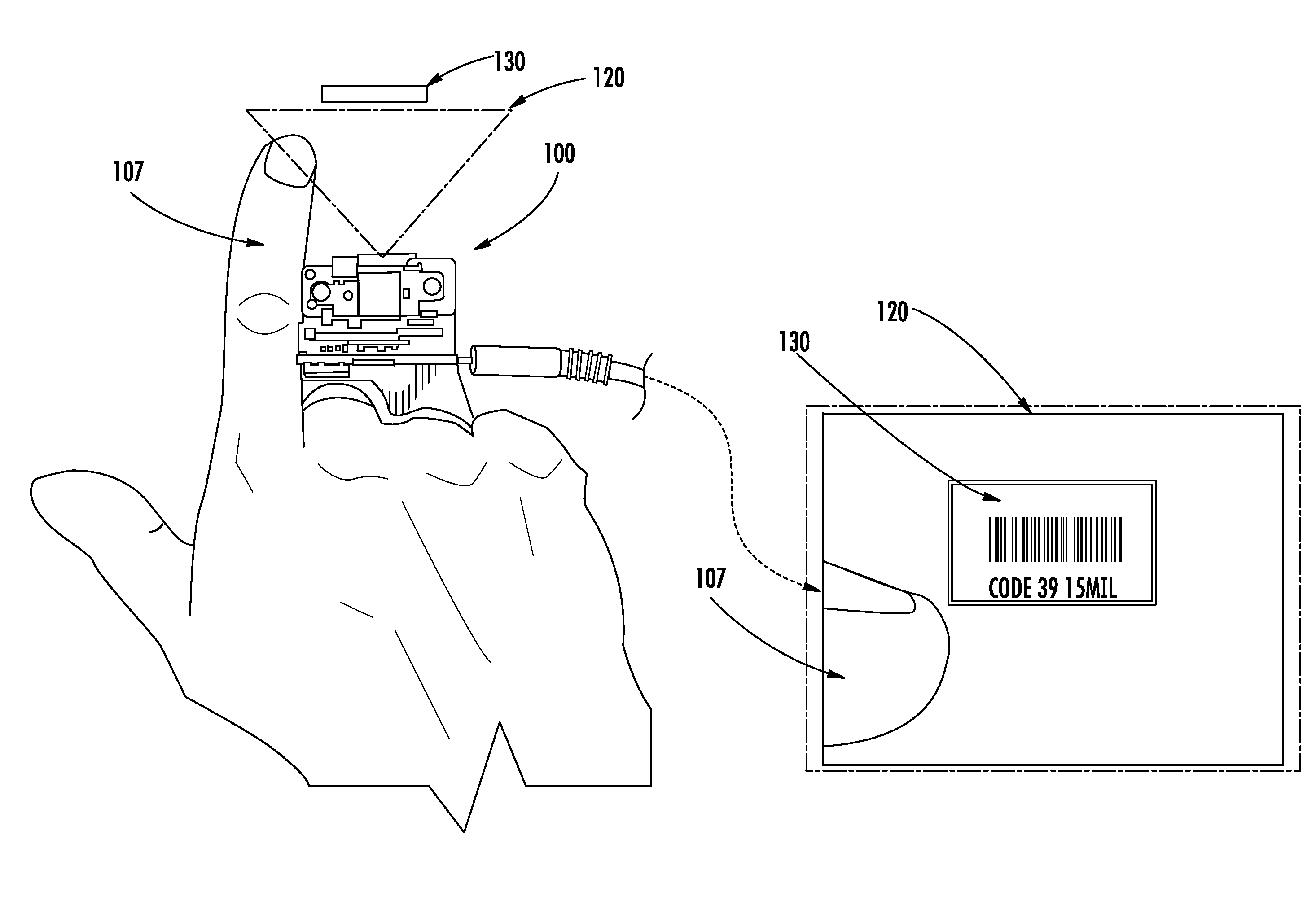 Hand-mounted indicia-reading device with finger motion triggering