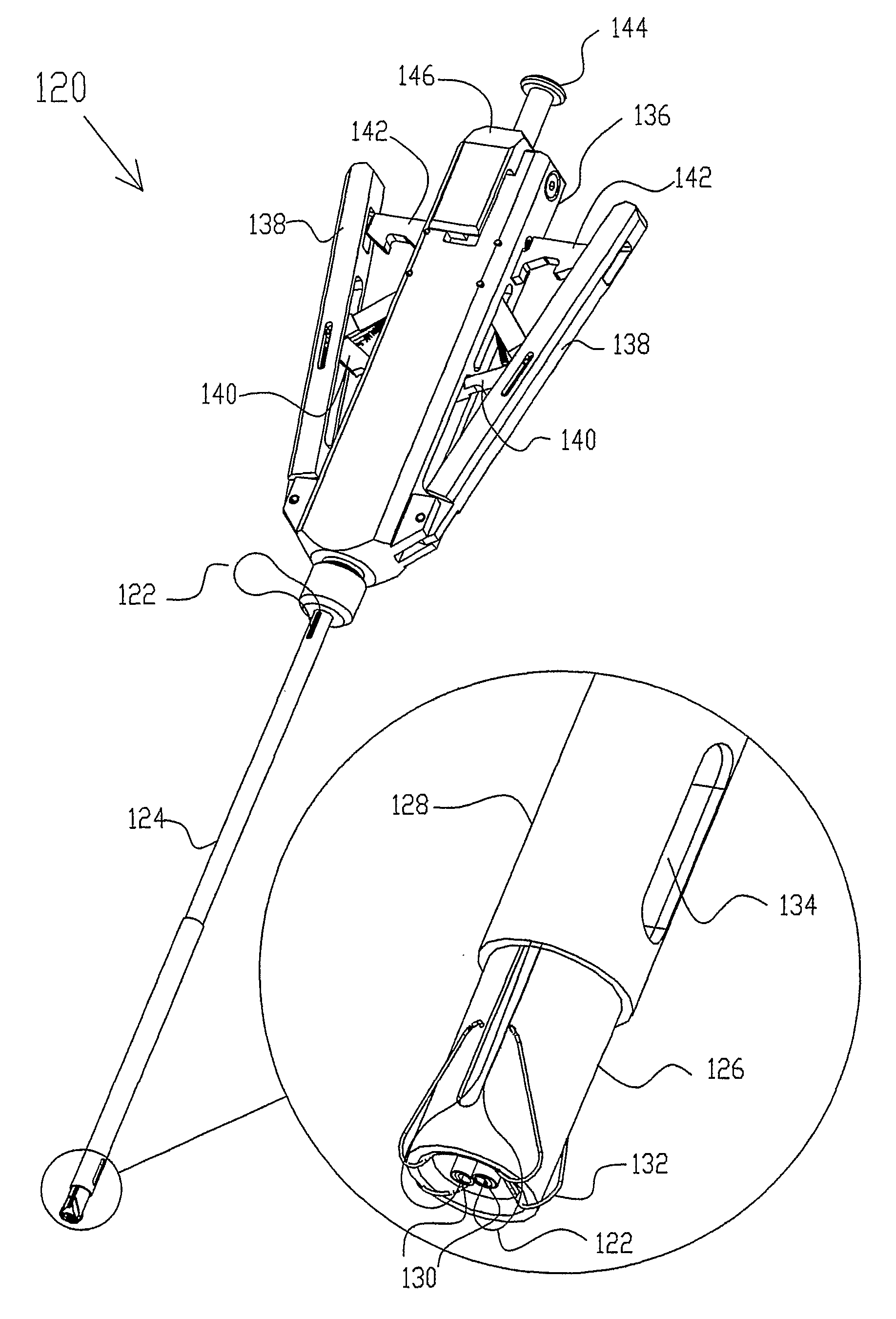 Suture device with first and second needle giudes attached to a shaft and respectively holding first and second needles