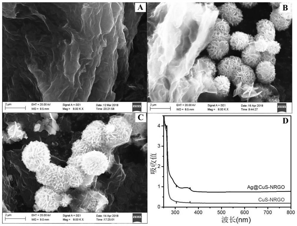 Nitrogen-doped graphene composite material supported by ag-cus core-shell microspheres, preparation method and application thereof