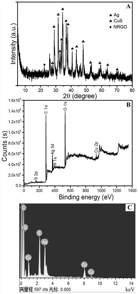 Nitrogen-doped graphene composite material supported by ag-cus core-shell microspheres, preparation method and application thereof